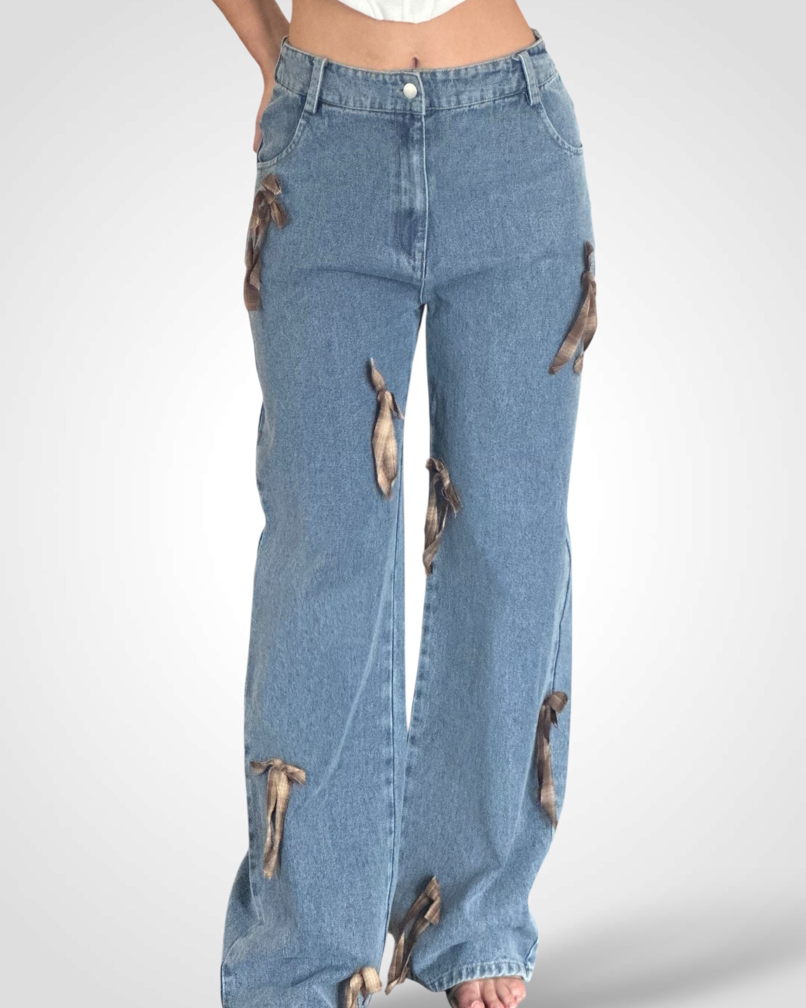PLAID BOW DETAIL DENIM PANTS•