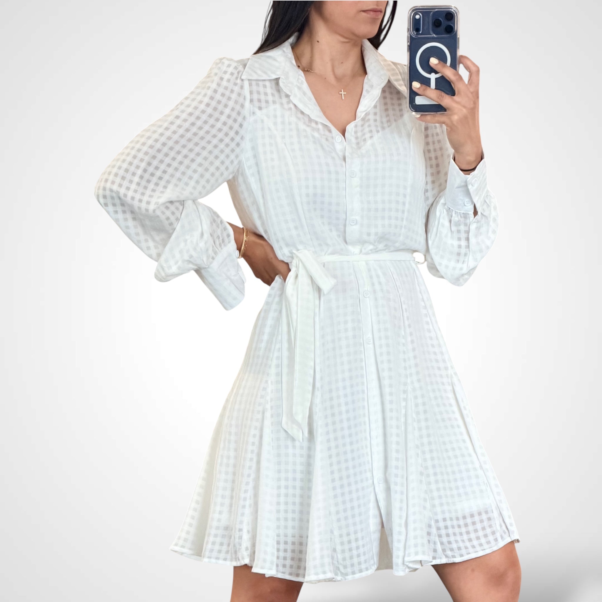 Long Cuff Sleeve Checkered Shirt W/sash Mini Dress•-1