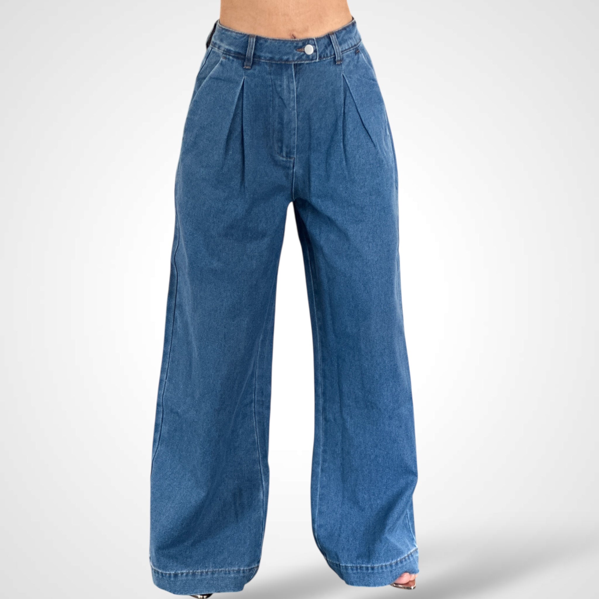 PLEATED WIDE LEG DENIM TROUSERS