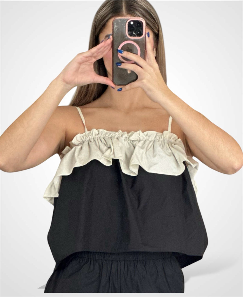 CONTRAST POPLIN RUFFLE TOP W/ CONTRAST TIE AT BACK