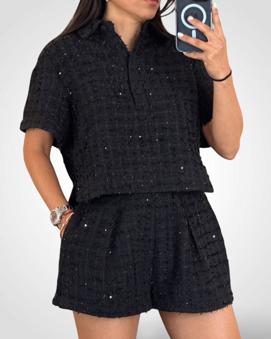 TWEED SHIRT AND PLEATED SHORTS