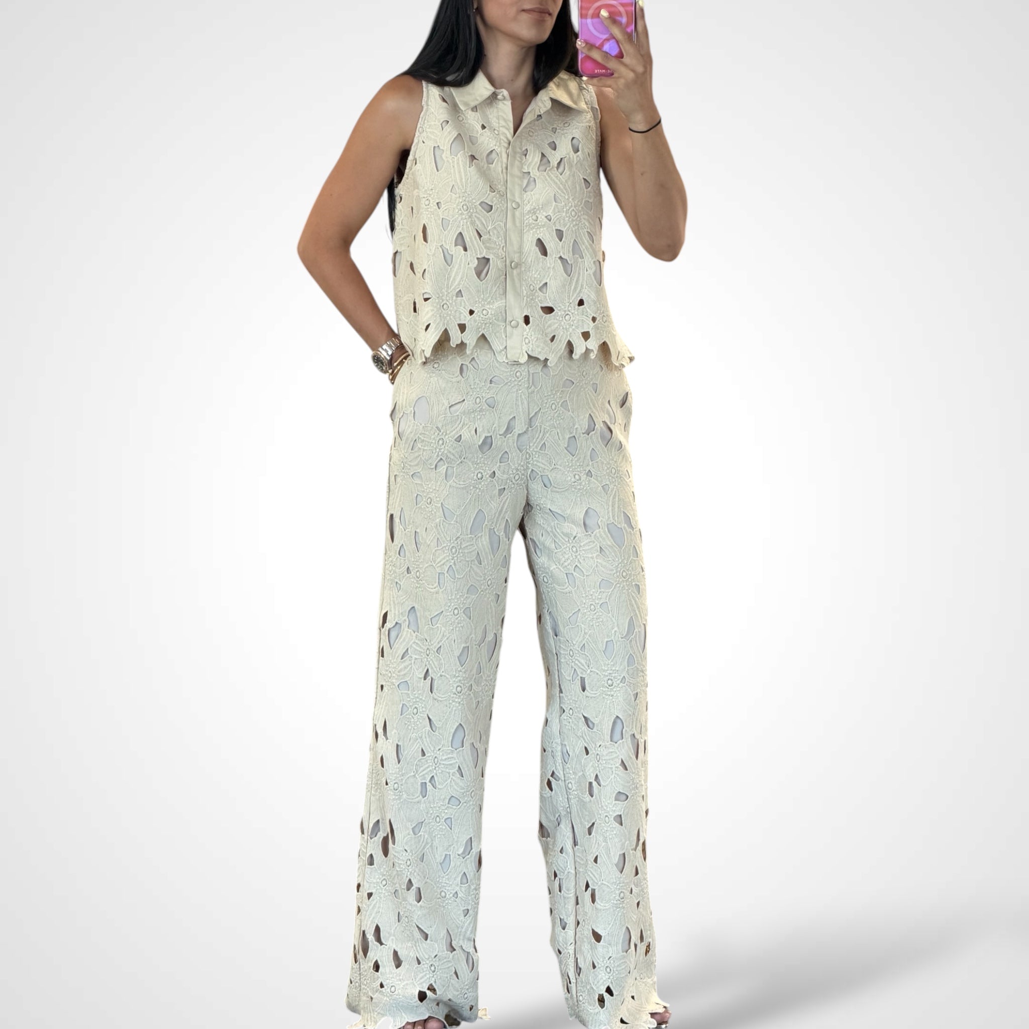 NATURAL CROCHET LACE BUTTON DOWN TOP W/PANTS SET-1