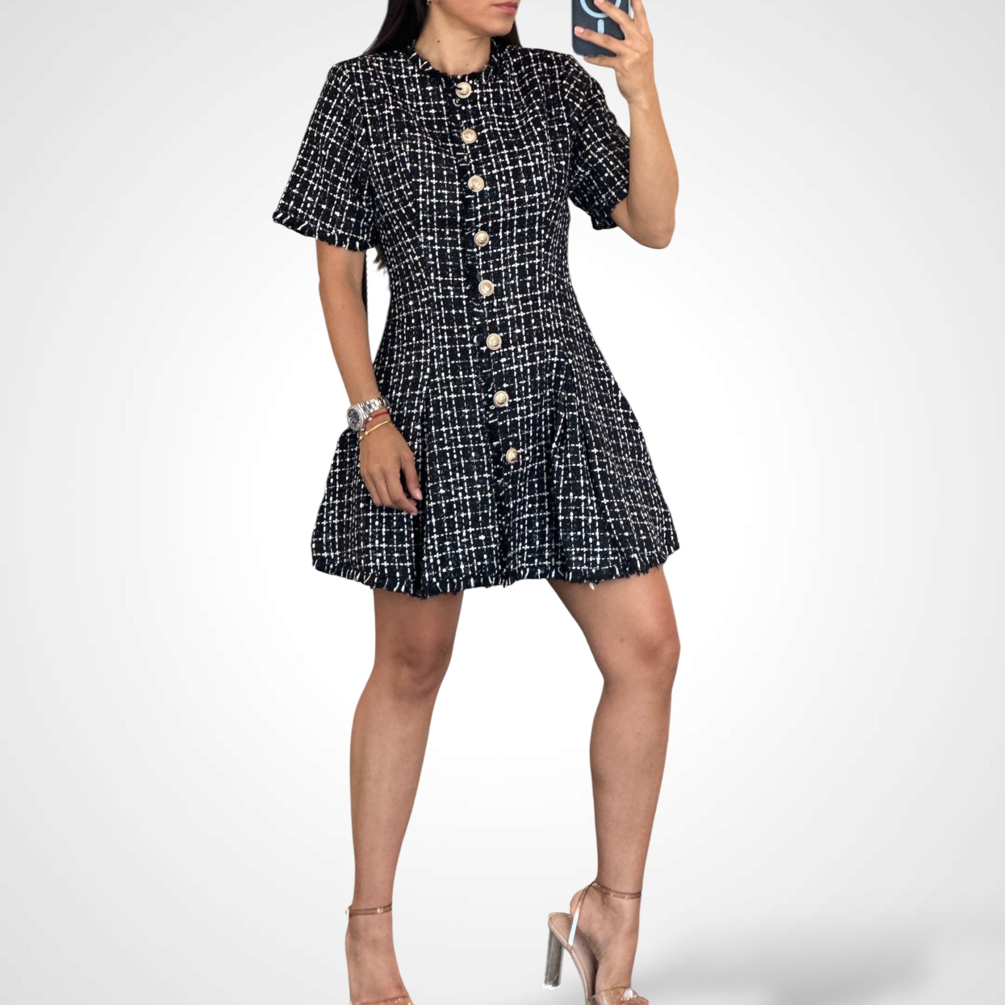 BUTTON FRONT FRAYED TWEED MINI DRESS