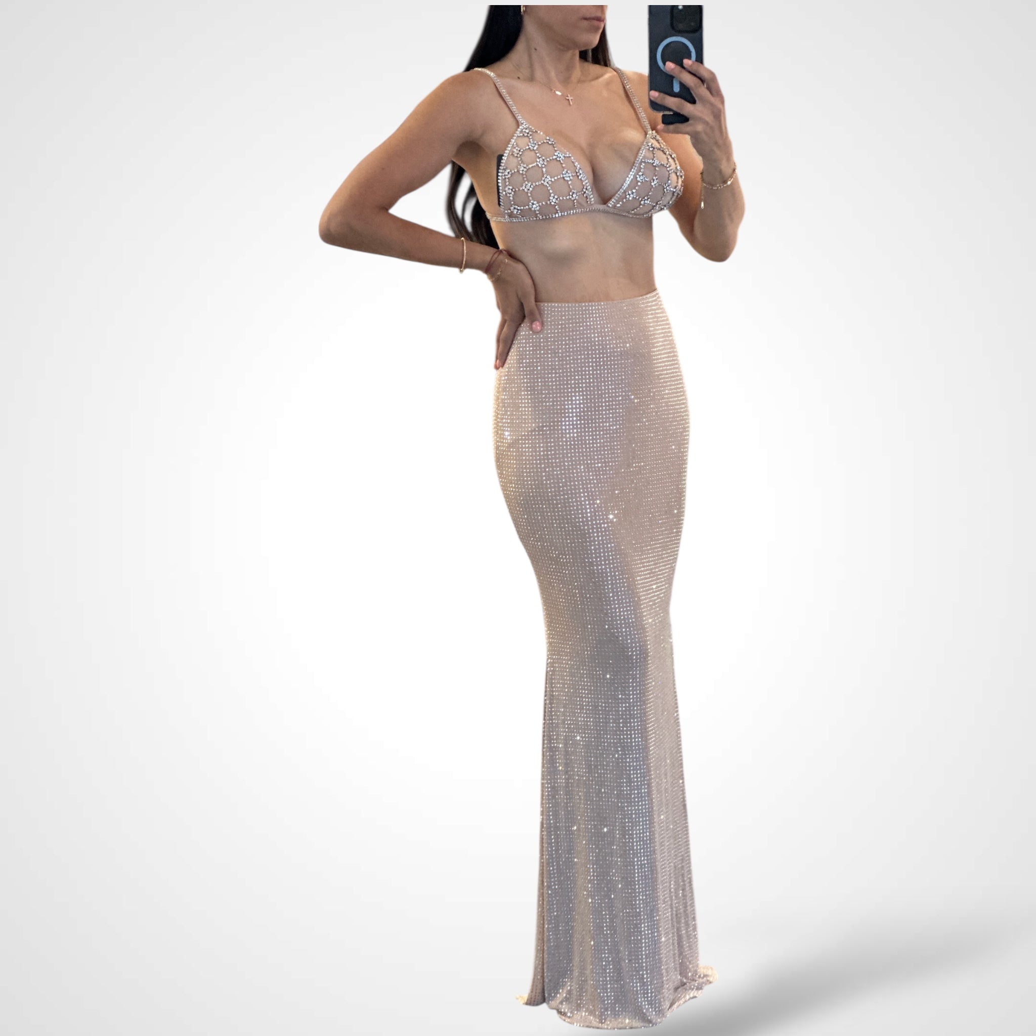 Rhinestone embellished bra top and long skirt•
