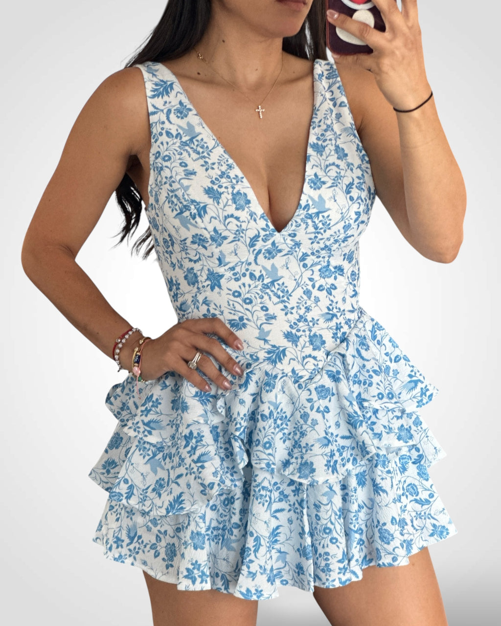 SJQ-WHITE & BLUE RUFFLES ROMPER
