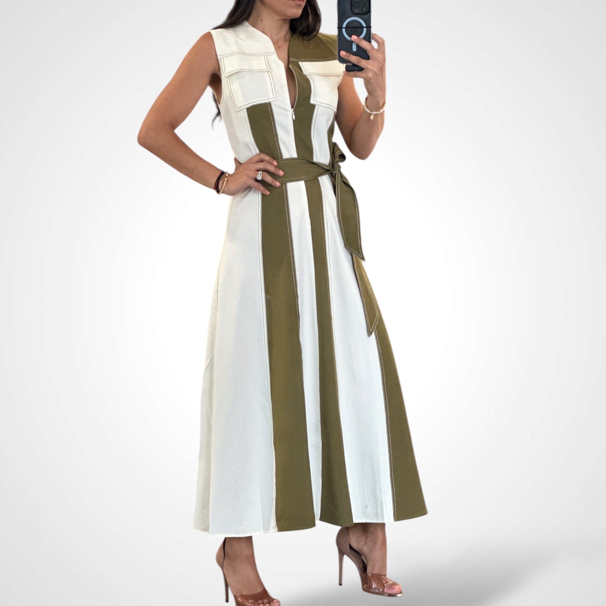 OLIVE/IVORY SLEEVELESS COLOR-BLOCK MIDI DRESS