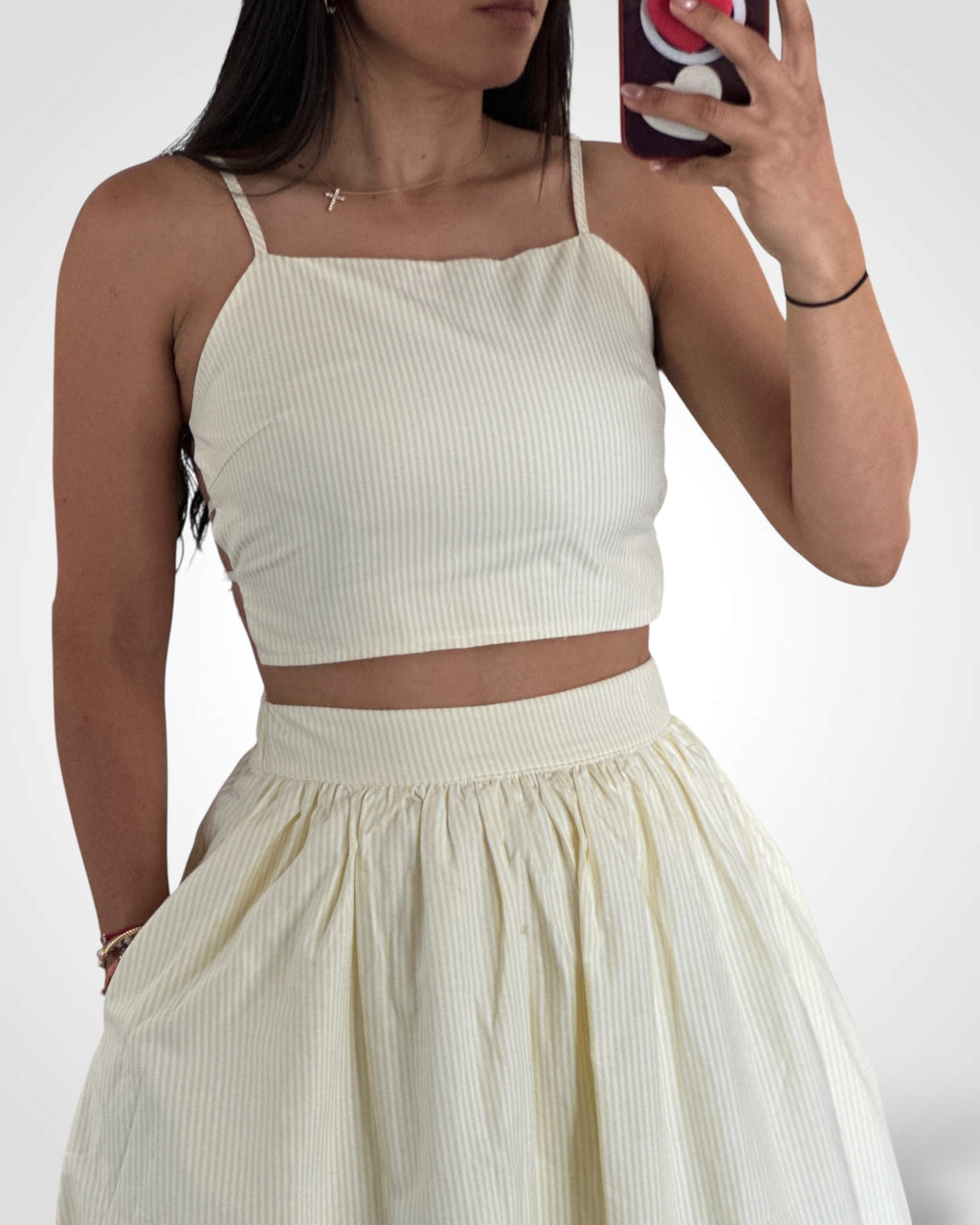 BACK TIE DETAIL SPAGHETTI TOP WITH BUBBLE HEM MIDI SKIRT