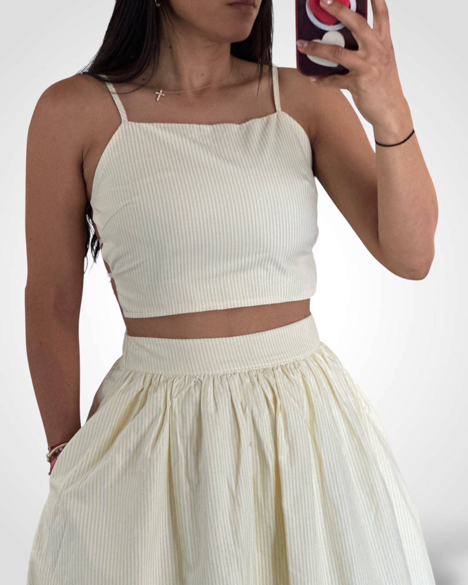 BACK TIE DETAIL SPAGHETTI TOP WITH BUBBLE HEM MIDI SKIRT