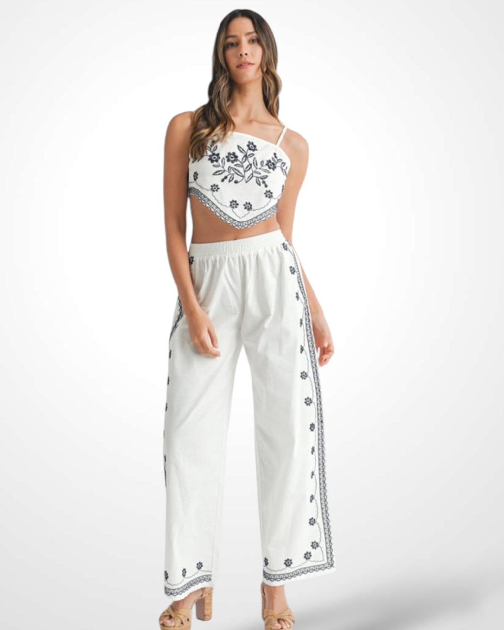 LINEN MIX EMBROIDERED SCARF TOP AND PANTS SET