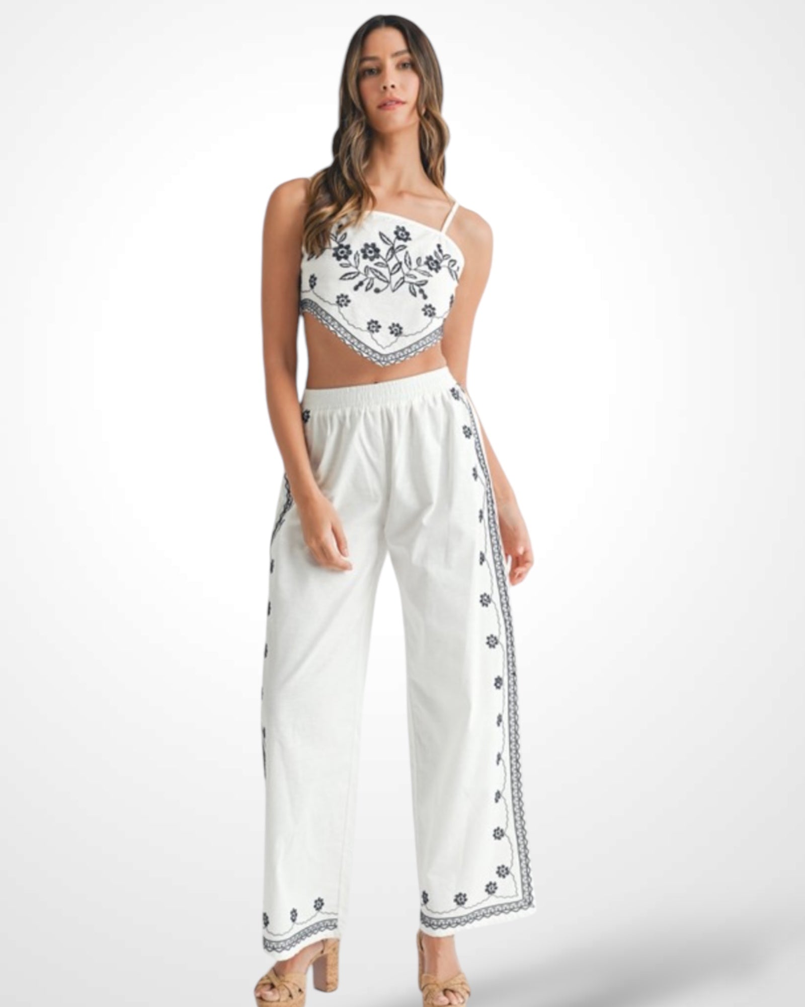 LINEN MIX EMBROIDERED SCARF TOP AND PANTS SET