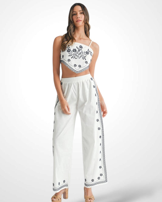 LINEN MIX EMBROIDERED SCARF TOP AND PANTS SET
