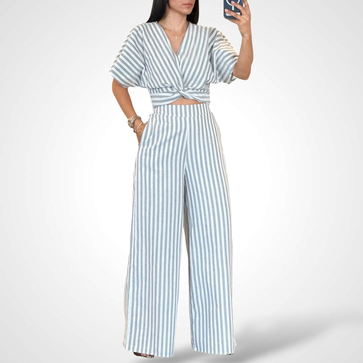 STRIPED TWIST FRONT TOP & PANTS-1