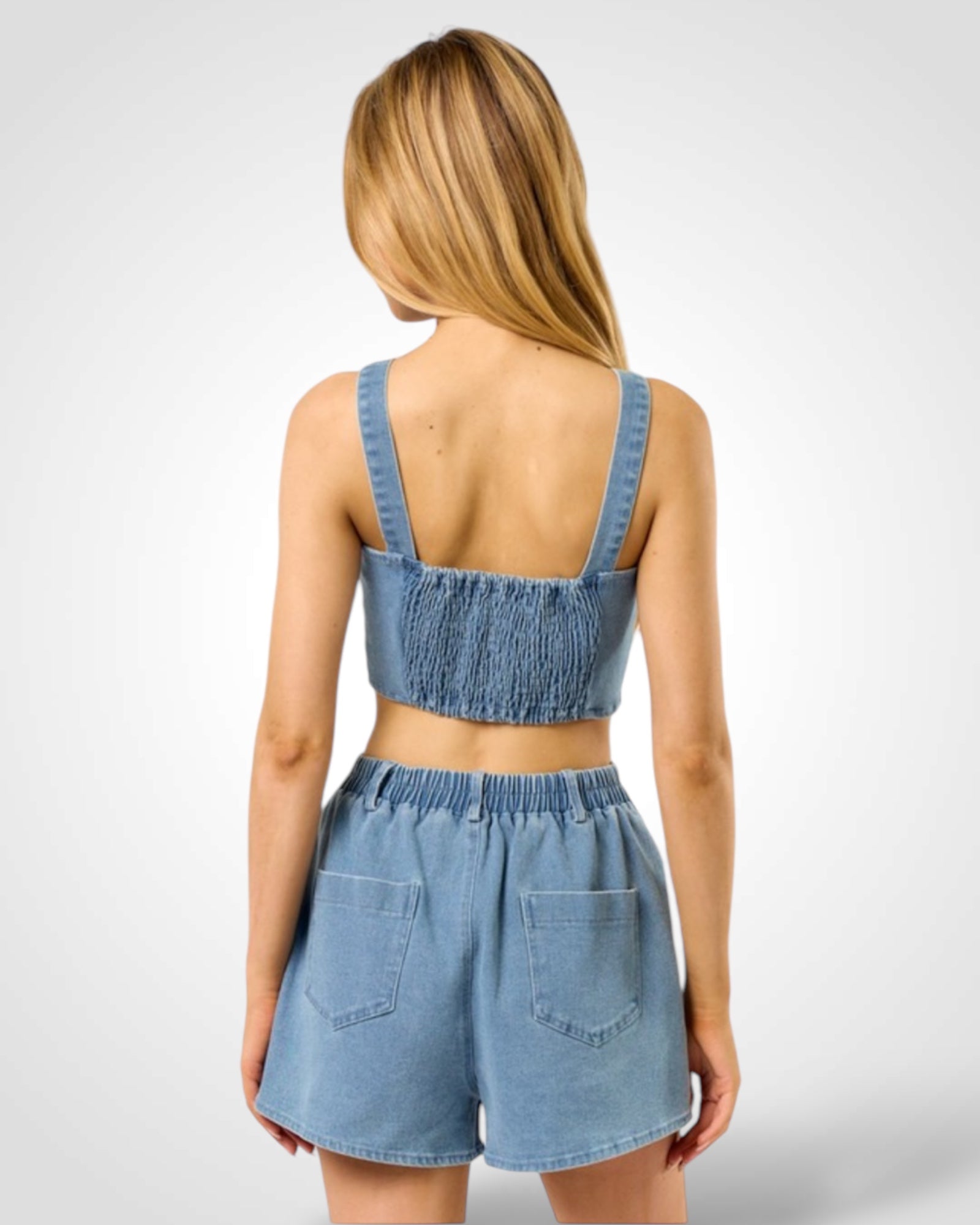 Embroidered Denim Crop Top W/ Matching Shorts-3