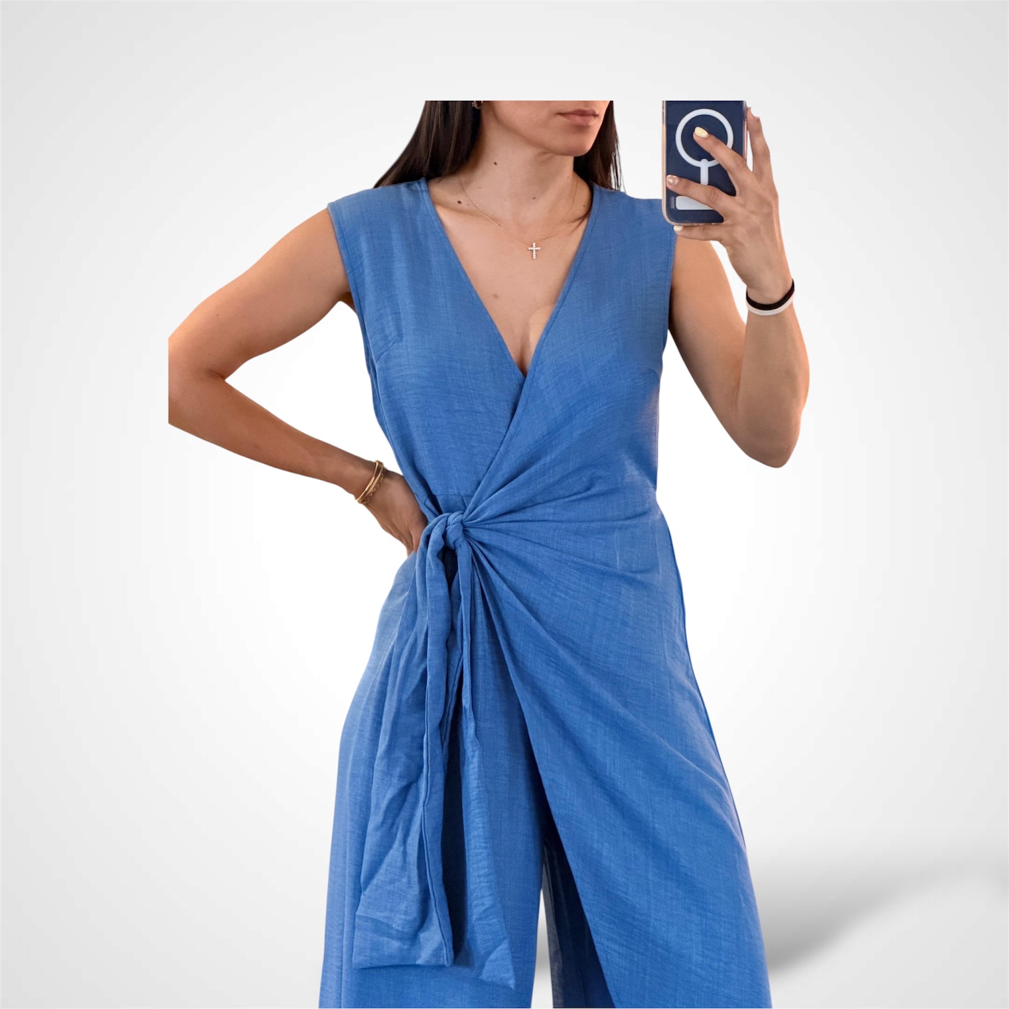 Denim Loose Fit Wrap Flare-Leg Jumpsuit-2