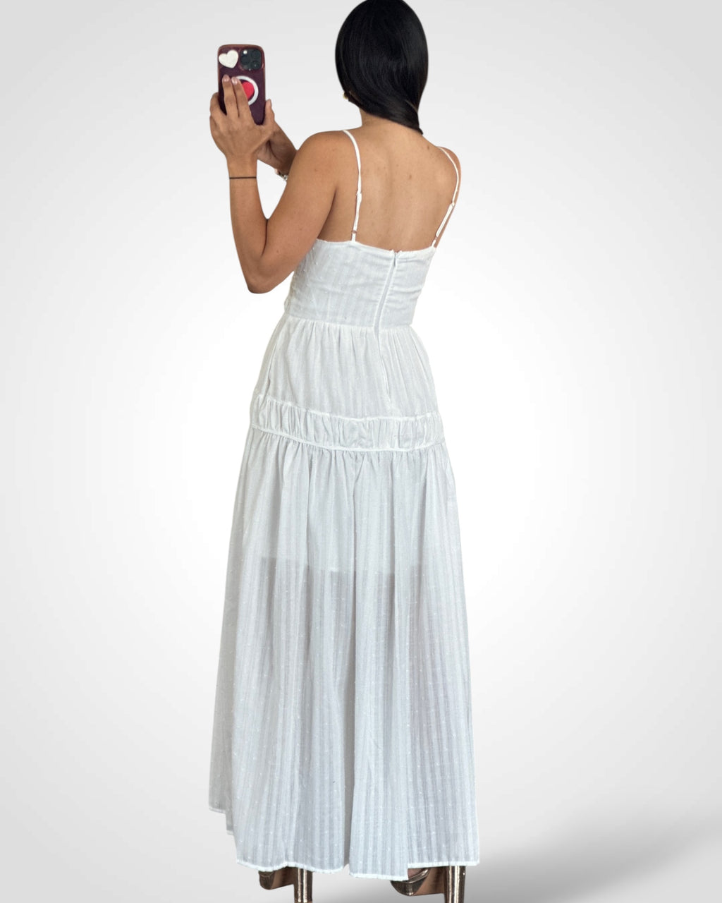 SJQ- V NECK RUCHED WAIST SWISS DOT MAXI DRESS