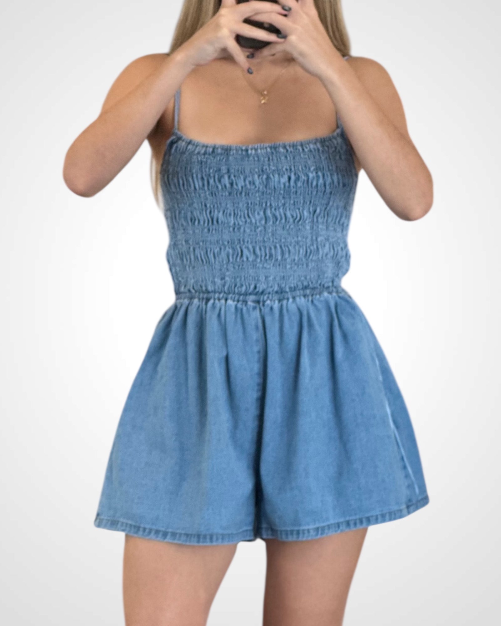 SMOCKED BACK TIE DENIM ROMPER•-1