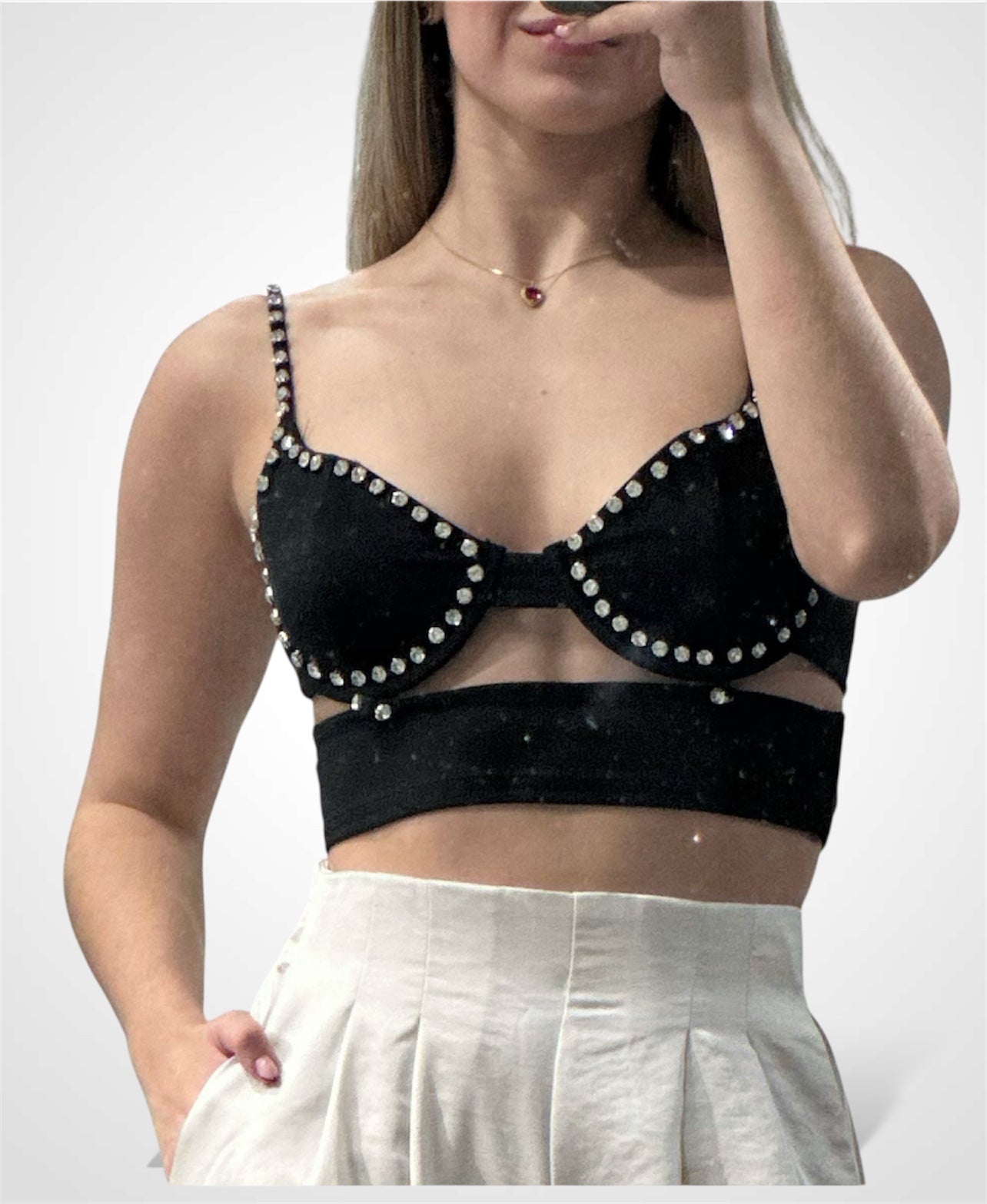 AUBREY RHINESTONE EMBELLISHED BRA CUTOUT CROP TOP