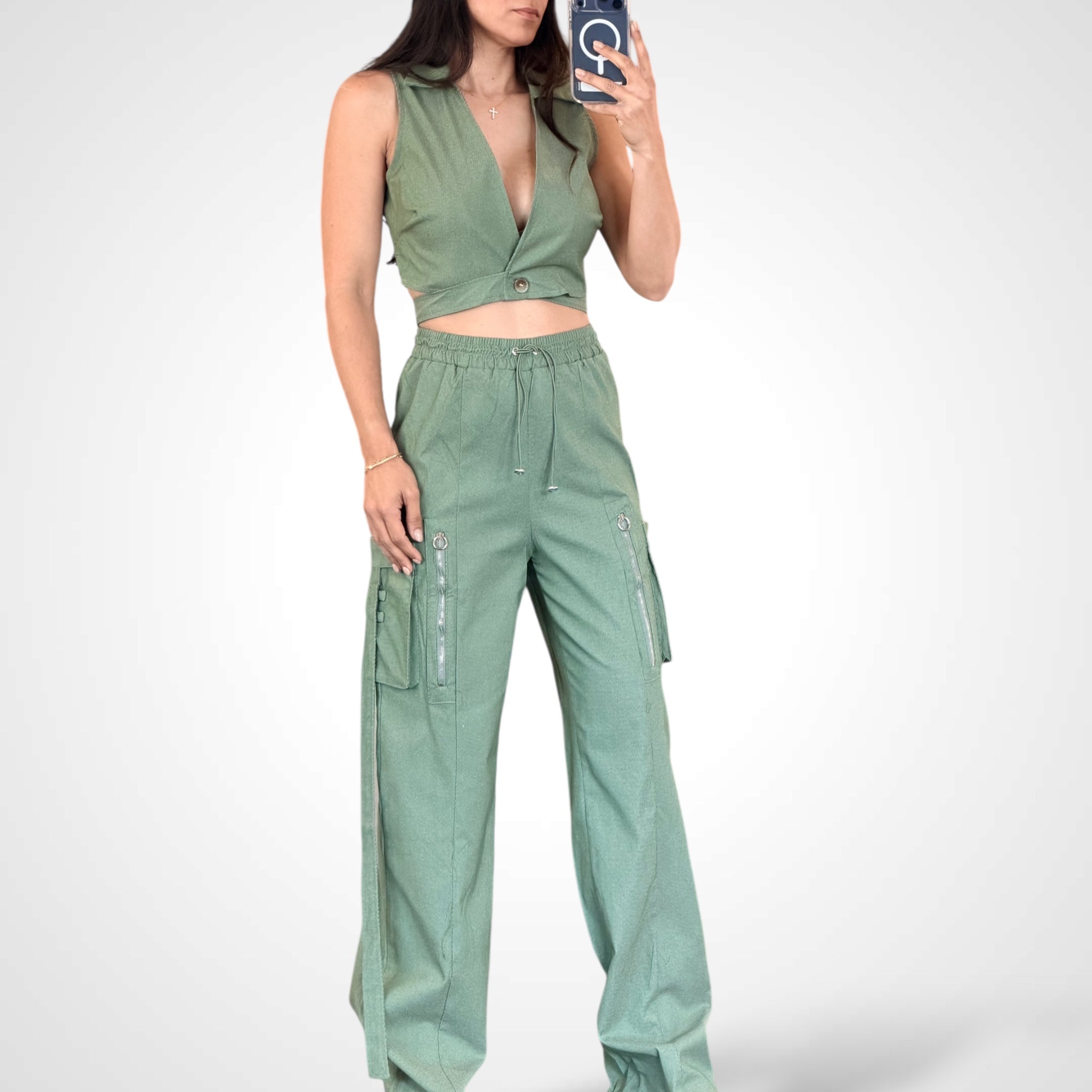 Wrap Crop Top & Elastic Waist Pants Denim 2pc. Set•