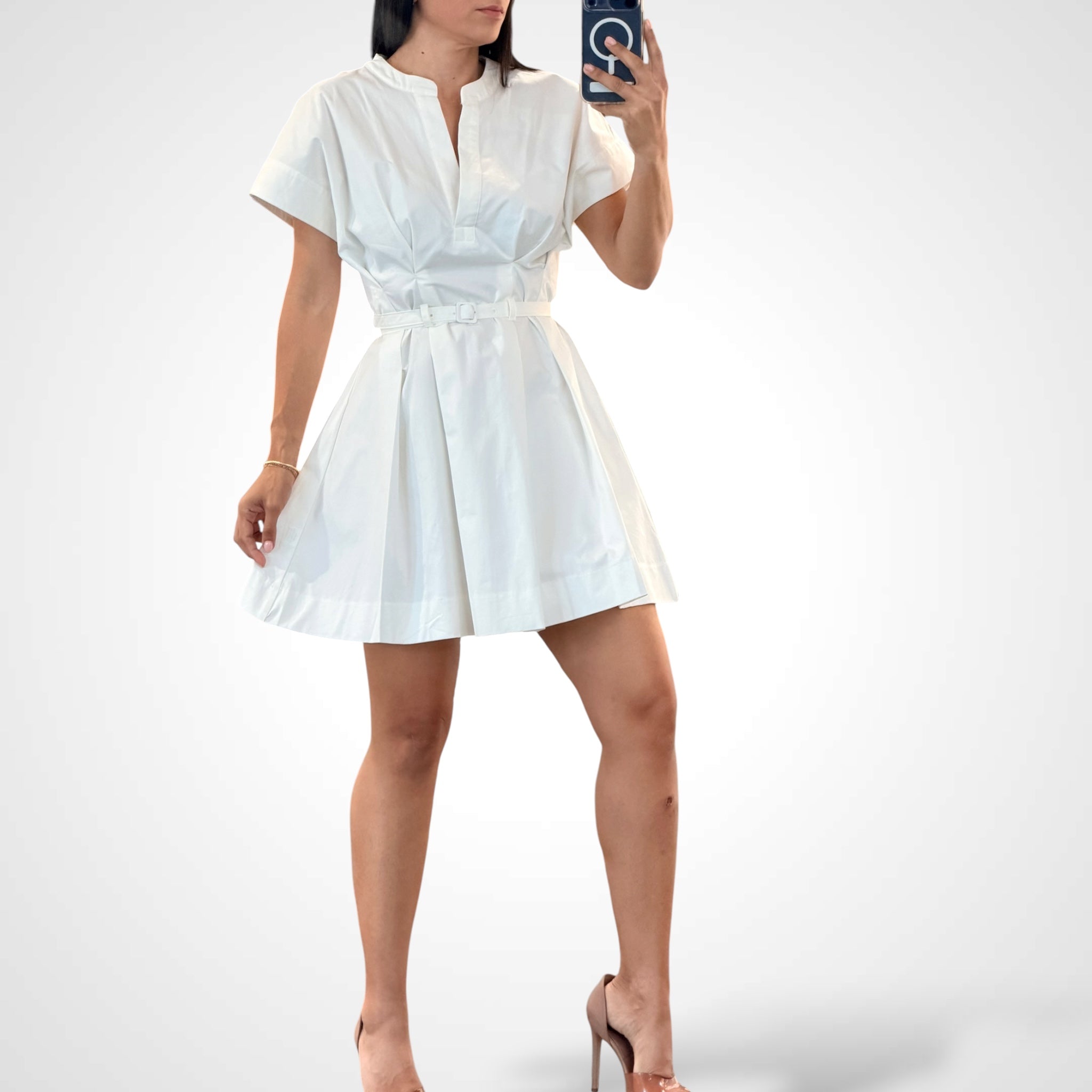 Off White Short Sleeve V-neck Belted Mini Dress
