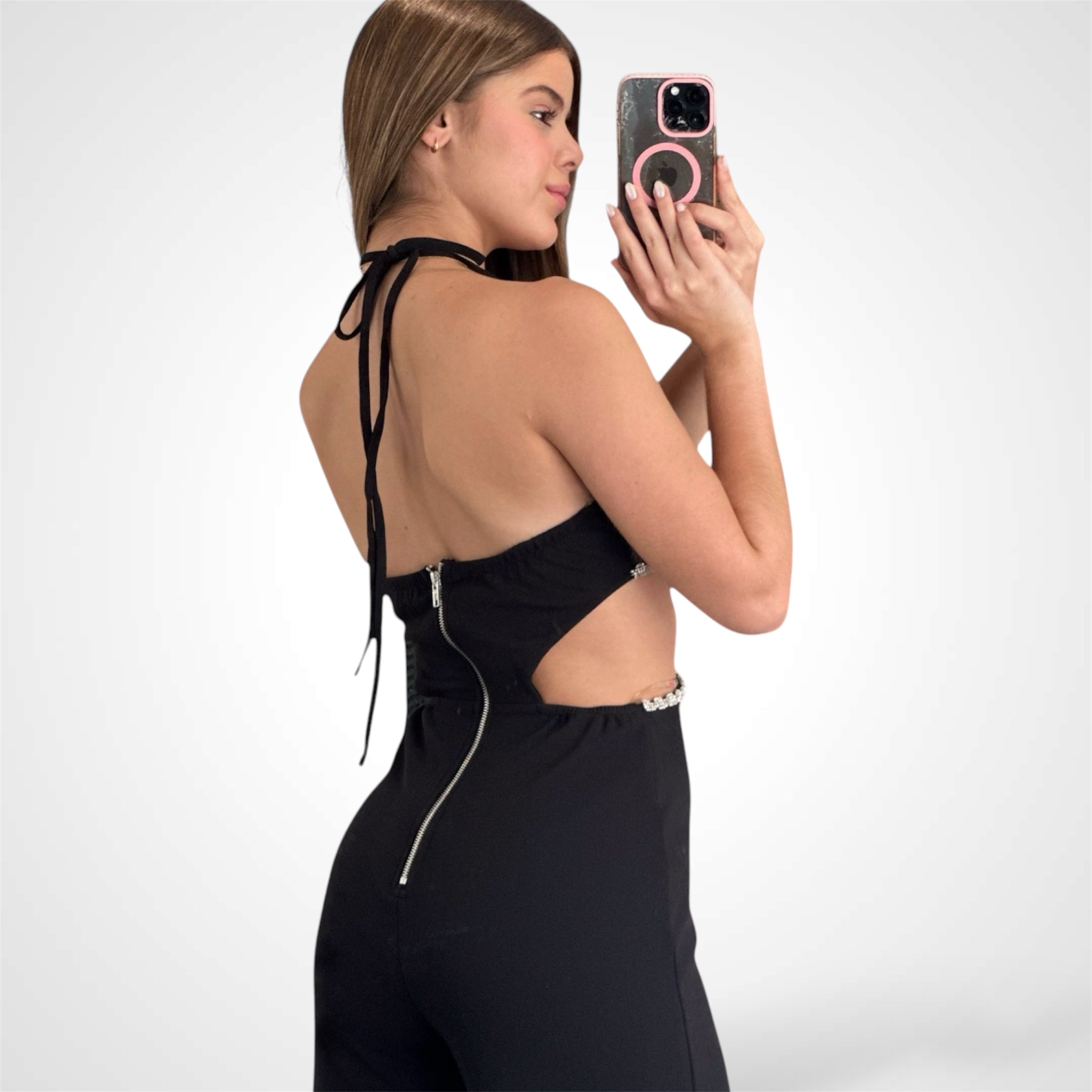 Amra Cut Out Rhinestone Halter Jumpsuit Pant Suit•-3
