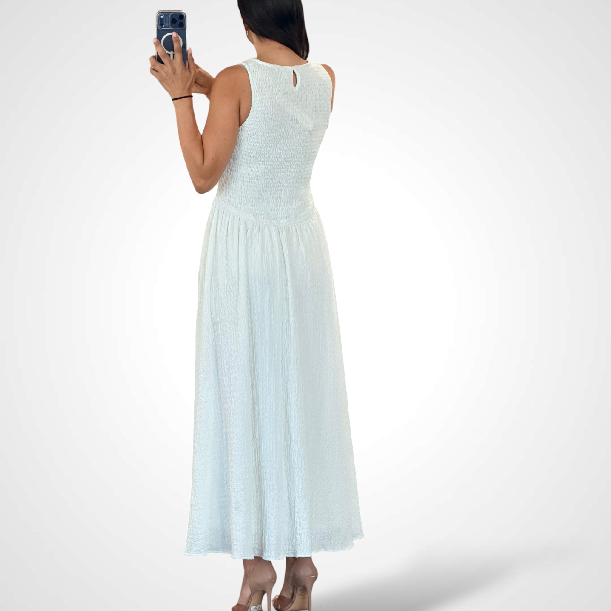 Textured Smocked Sleeveless Dress•-3