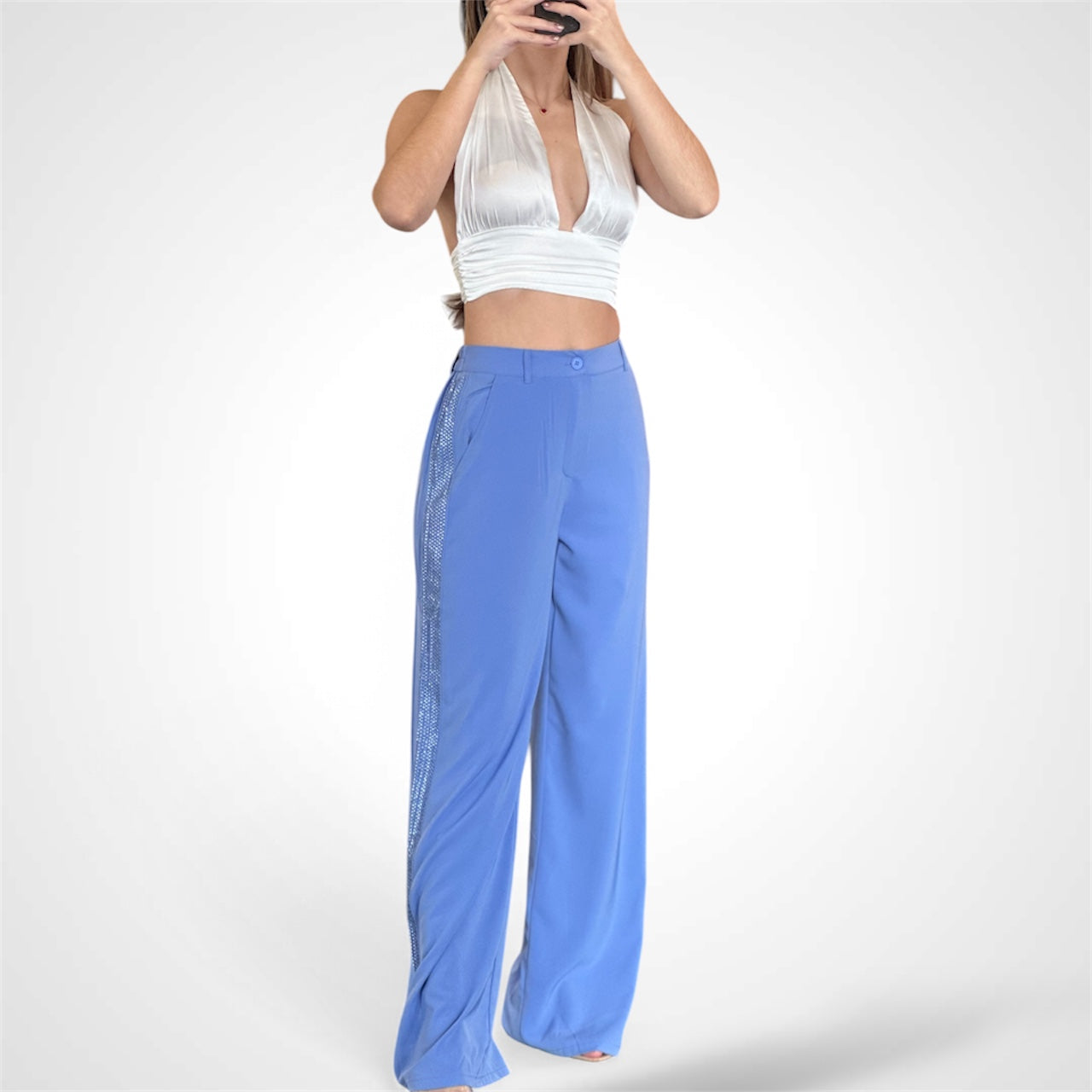 PAULINA SIDE RHINESTONE SLACKS HIGH RISE PANTS•-2