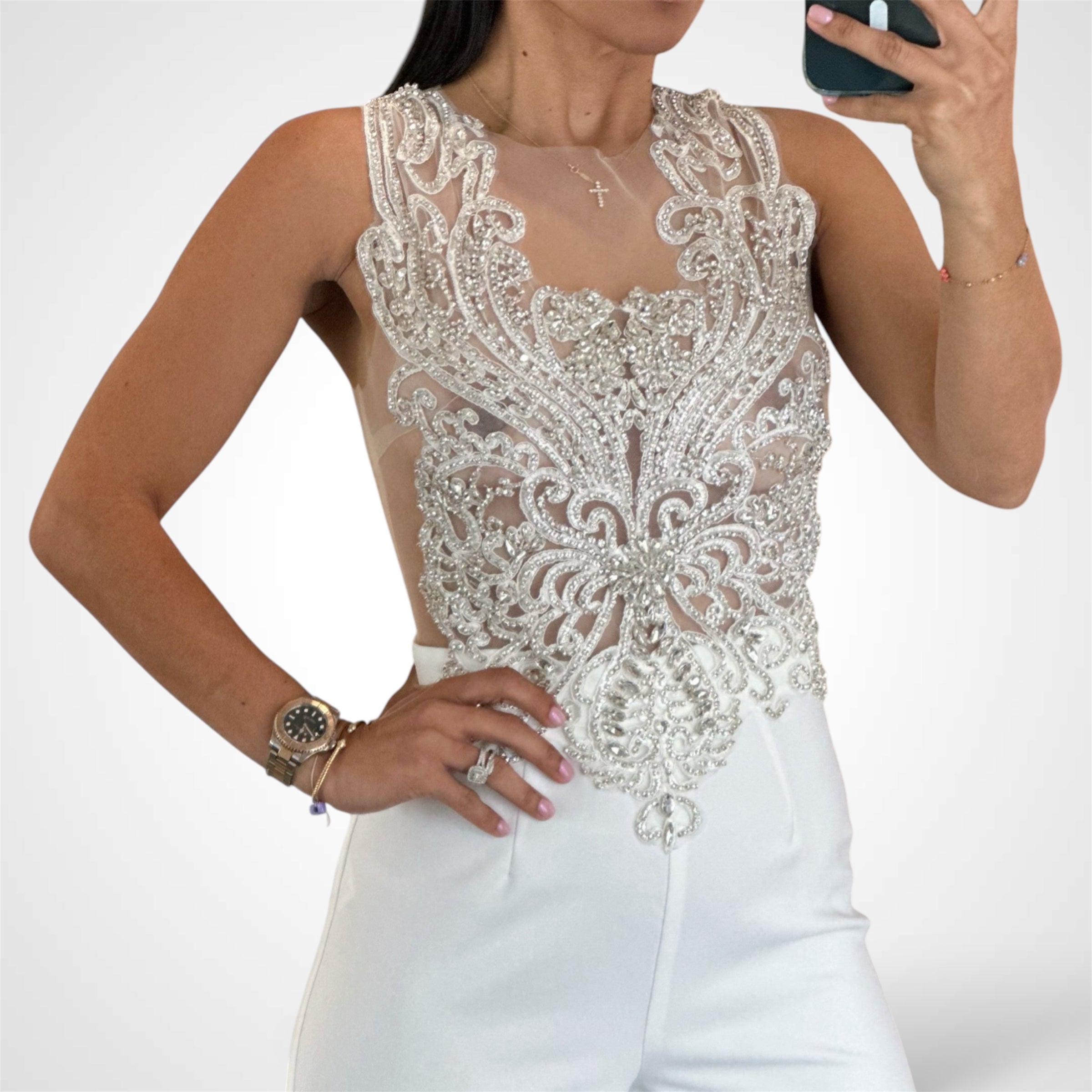 Mesh Stones Rhinestone Jumpsuit