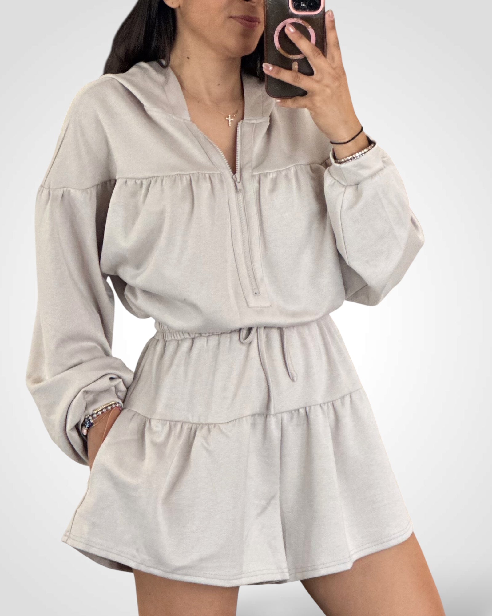 Stone Zip Front Hooded Romper•