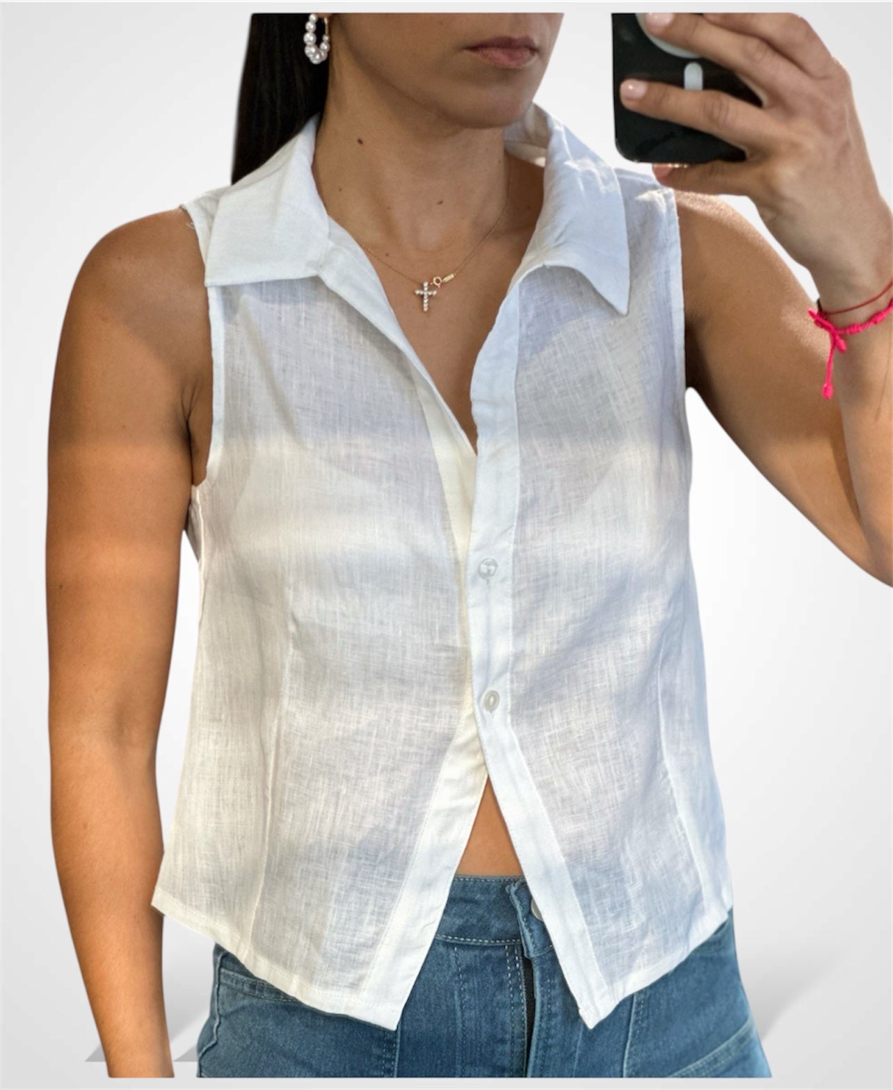 White Linen Neck Top