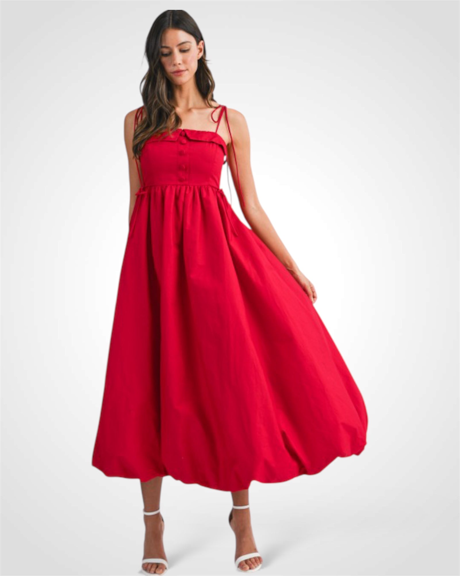Red Spagehtti Self Tie Strap Bubble Hem Midi Dress