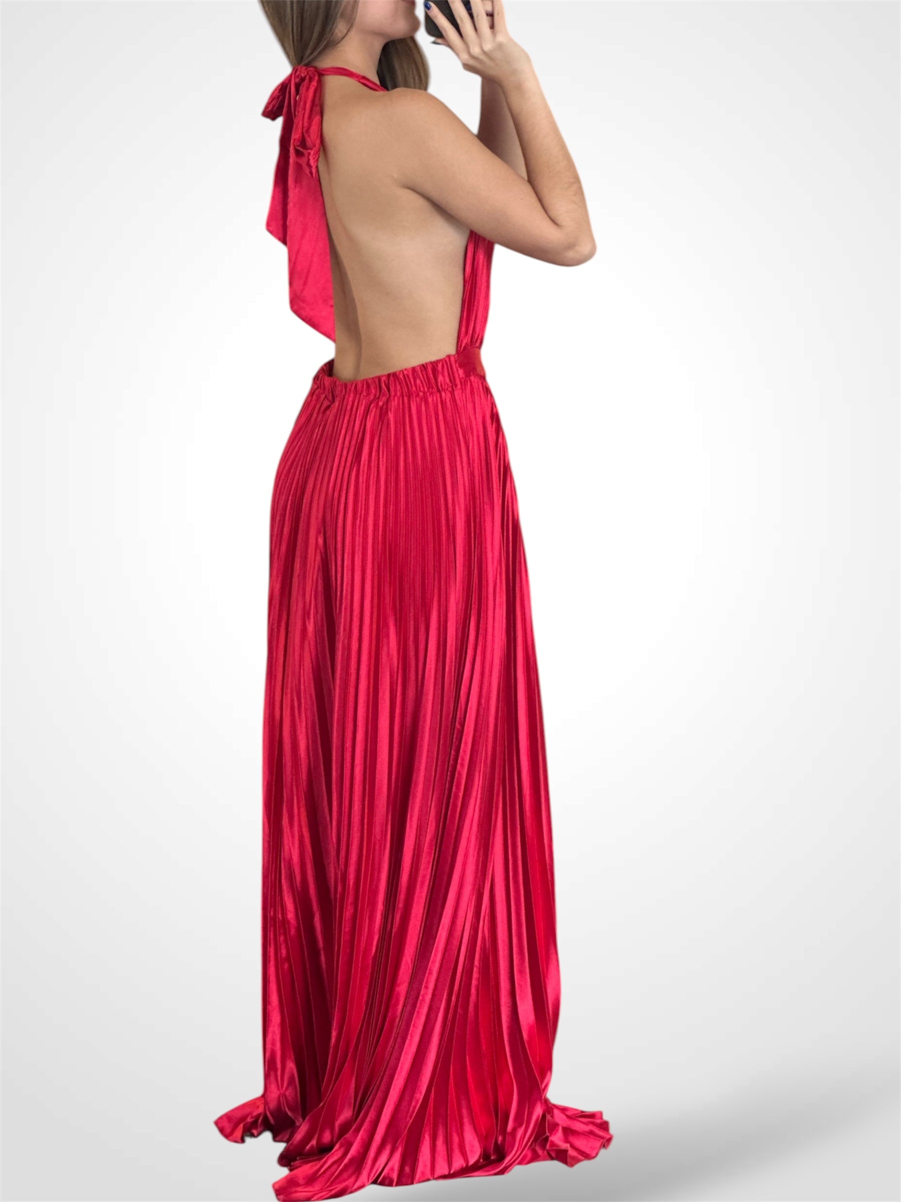 RED SATIN PLEATED HALTER DRESS•-3