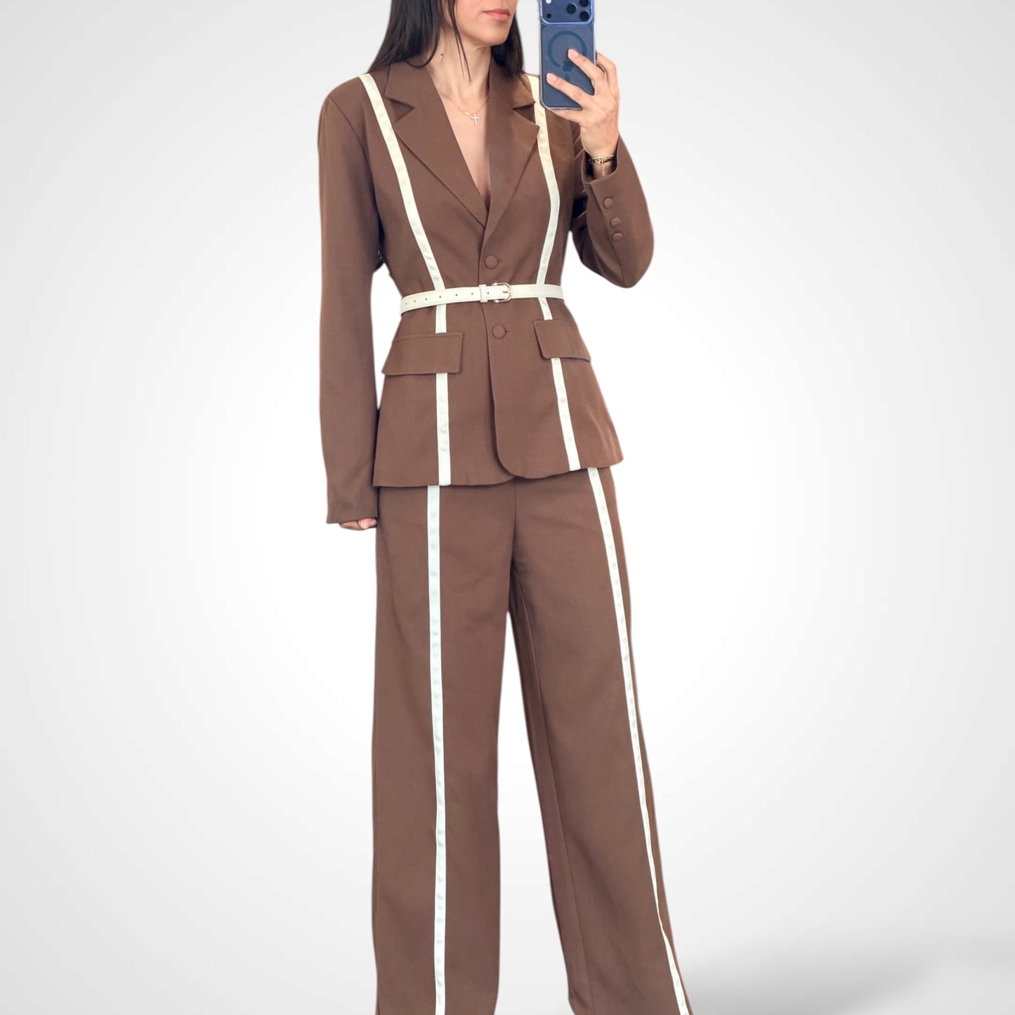 Contrast Brown Trim Blazer and Pants Set