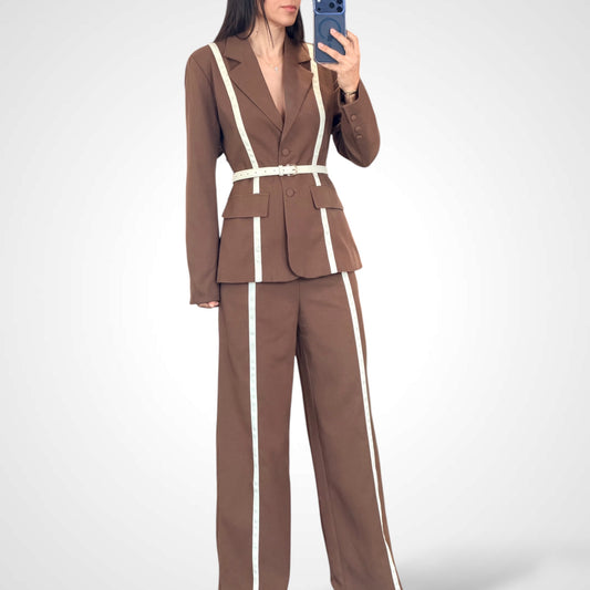 Contrast Brown Trim Blazer and Pants Set