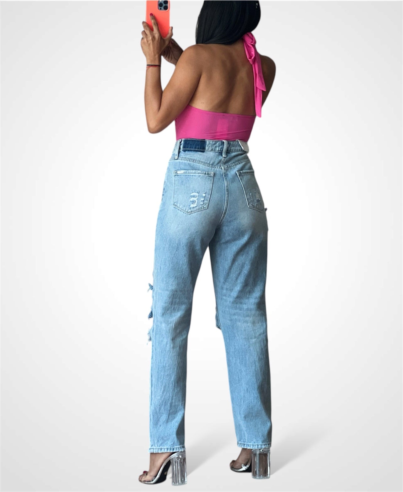 SATIN FLOWER DETAIL HALTER CUT OUT BODYSUIT (FUCHSIA)