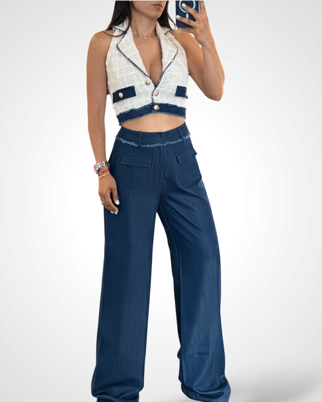 Denim Tweet Vest Pants 2pc Set