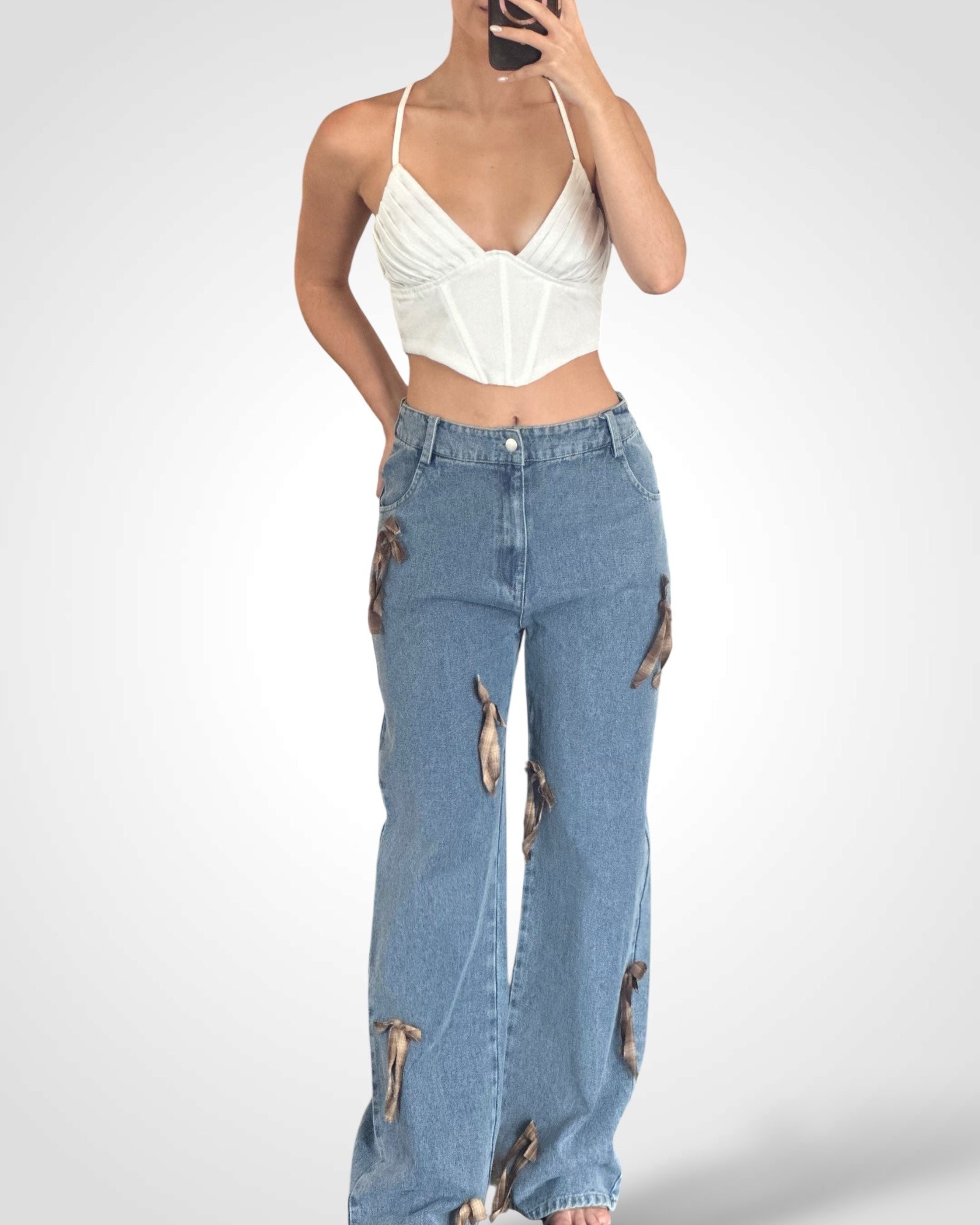 PLAID BOW DETAIL DENIM PANTS•-5