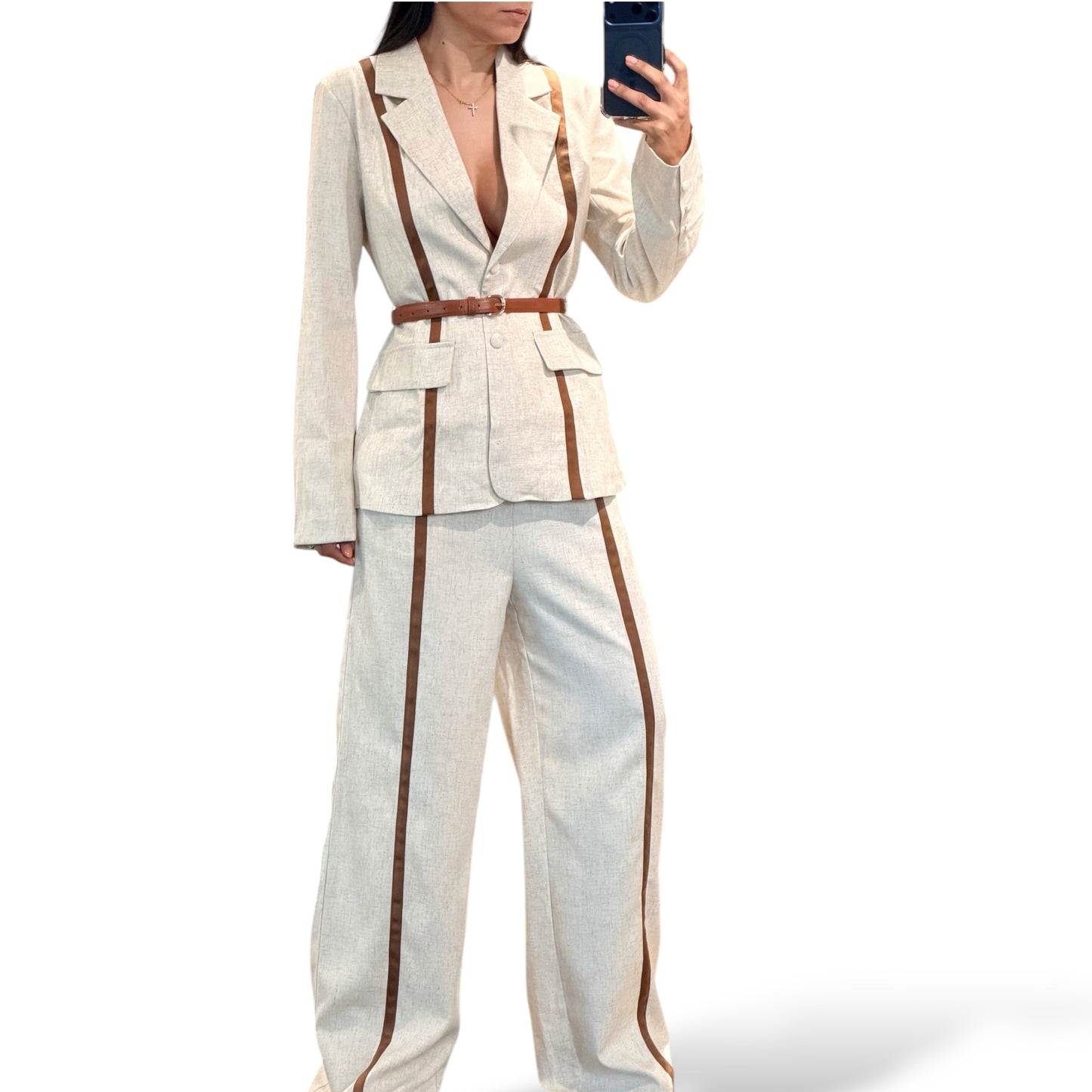 Contrast Beige Trim Blazer and Pants Set