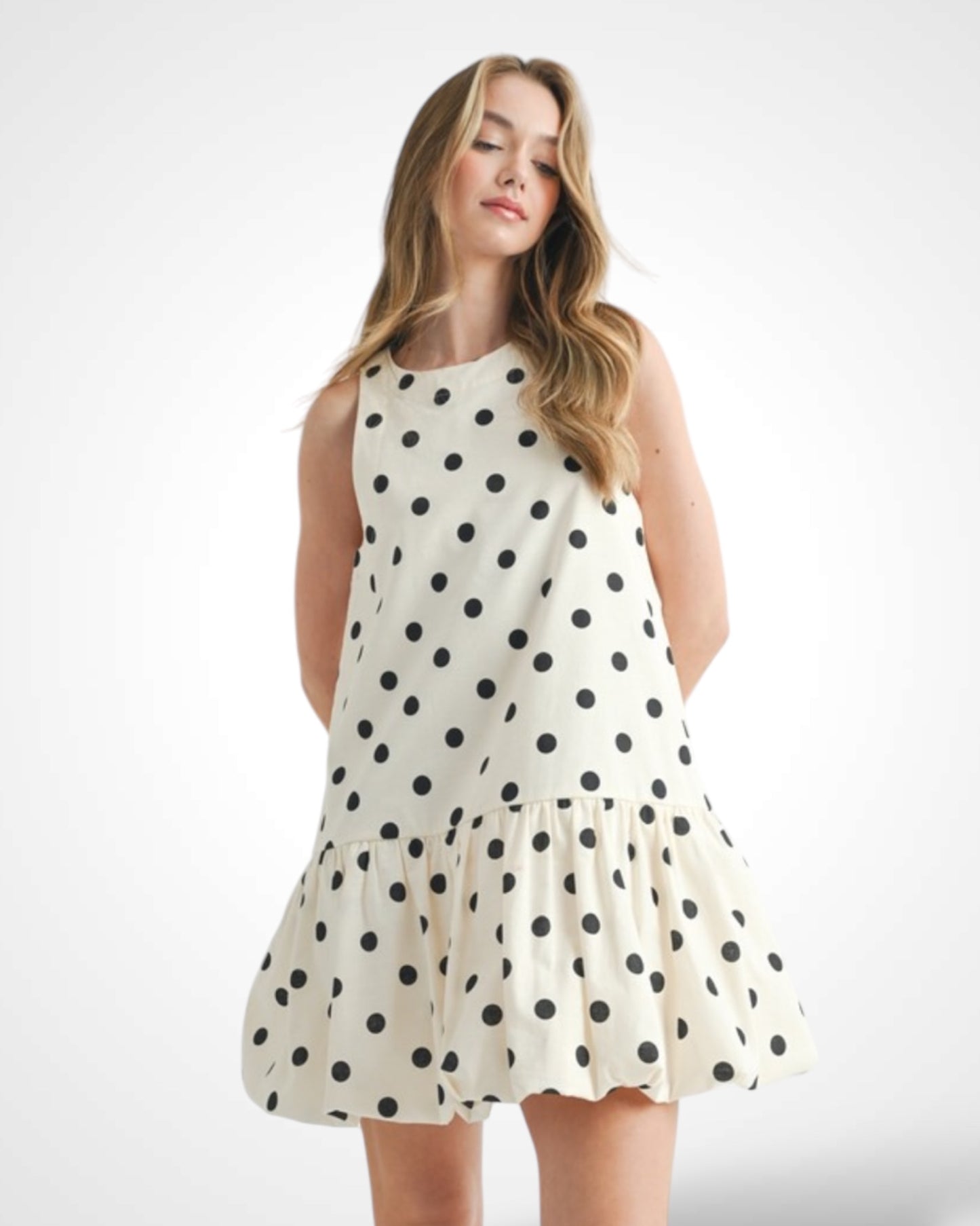 POLKA DOT SLEEVELESS BUBBLE HEM MINI DRESS