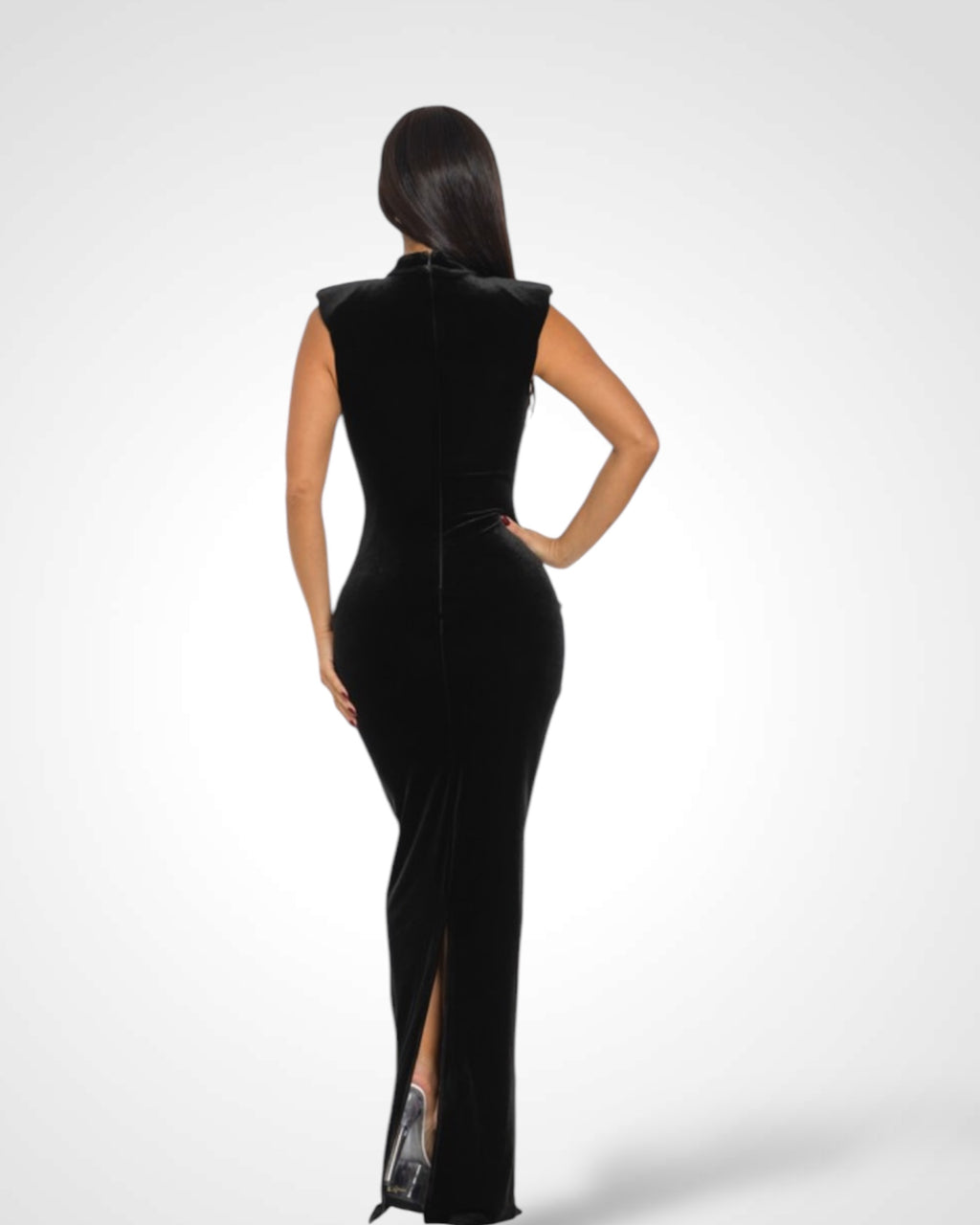 WAIST CROSS RHINESTONE VELVET MAXI SKIRT