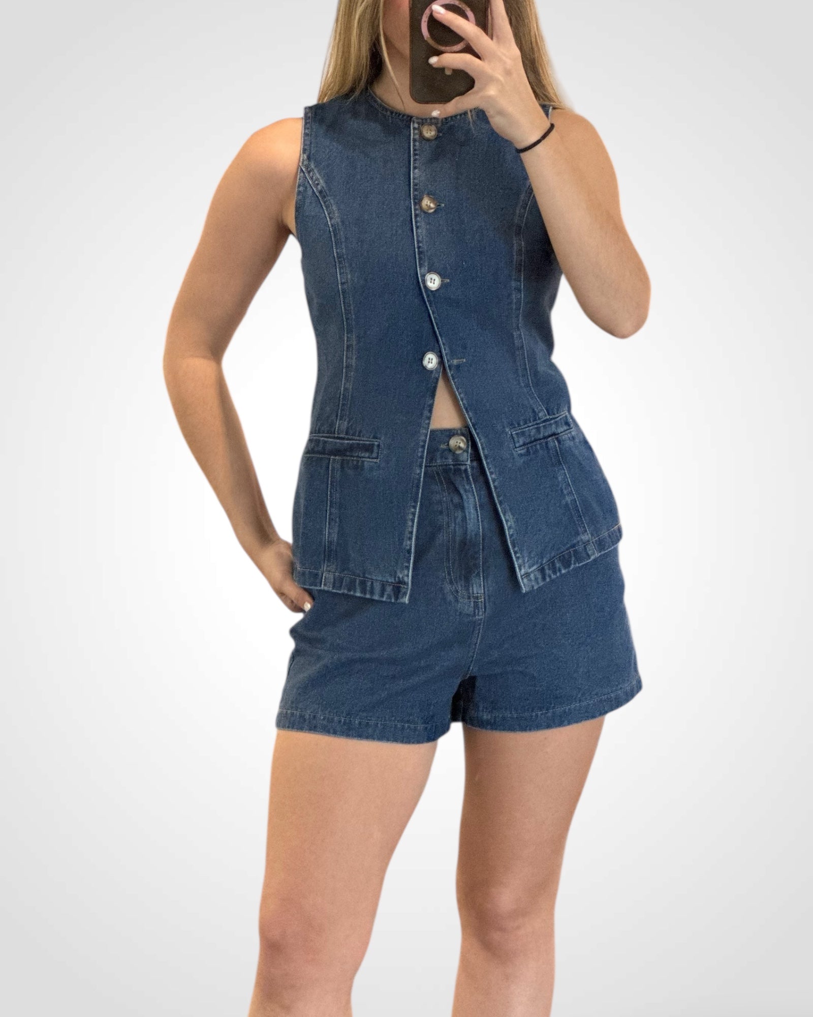 Denim Button Vest Style Top & Wide Shorts Set