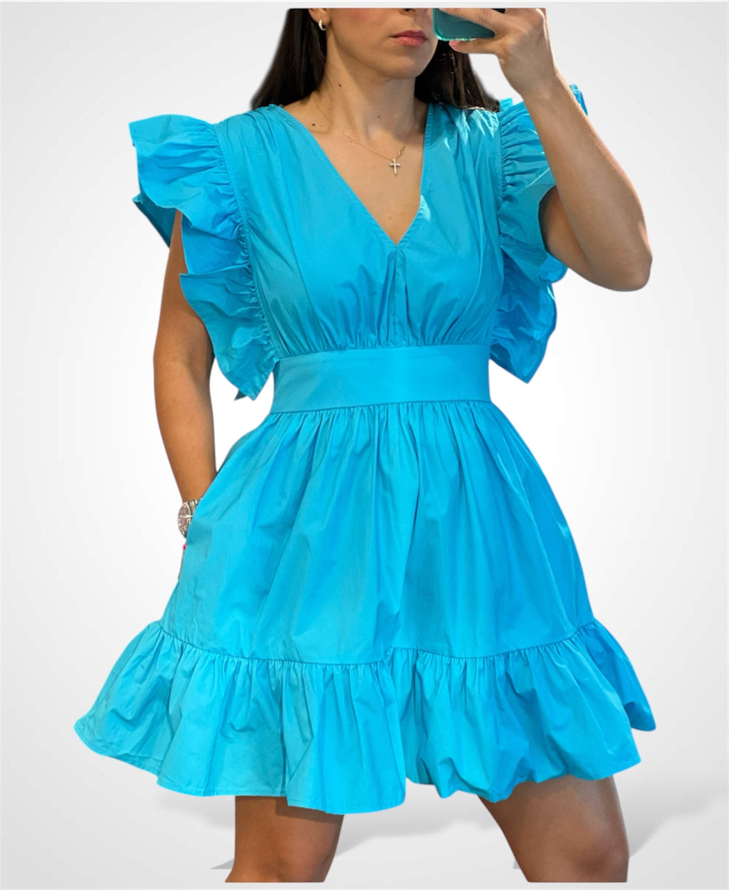 V-NECK MINI DRESS WITH RUFFLE DETAILS