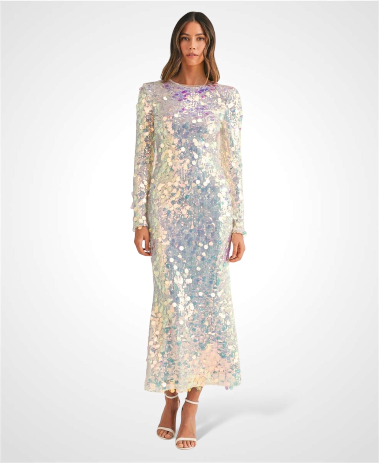 SEQUIN LONG SLEEVE OPEN BACK MERMAID MIDI DRESS•