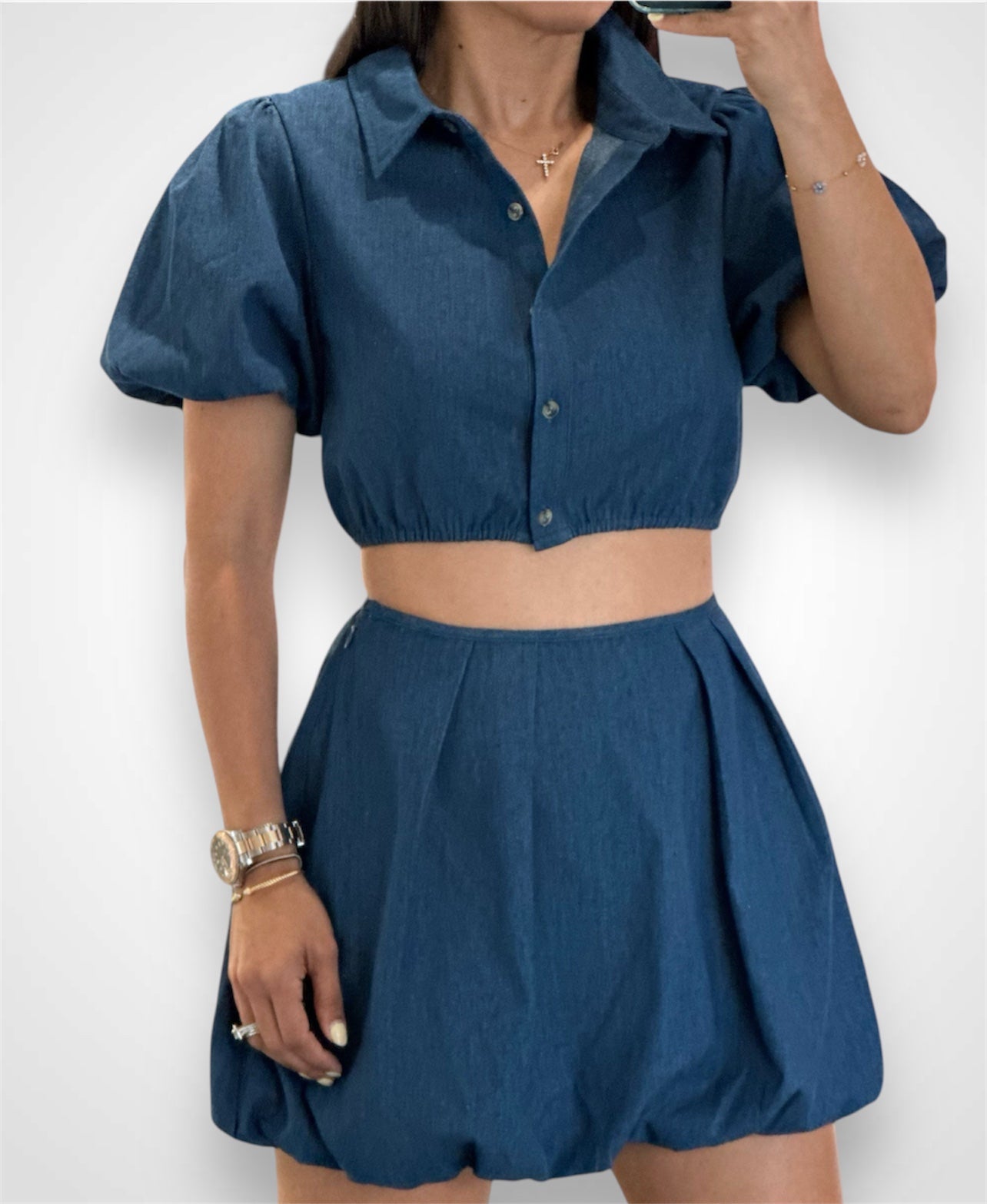 BUTTON DOWN DENIM TOP WITH PUFF SLEEVES•-1