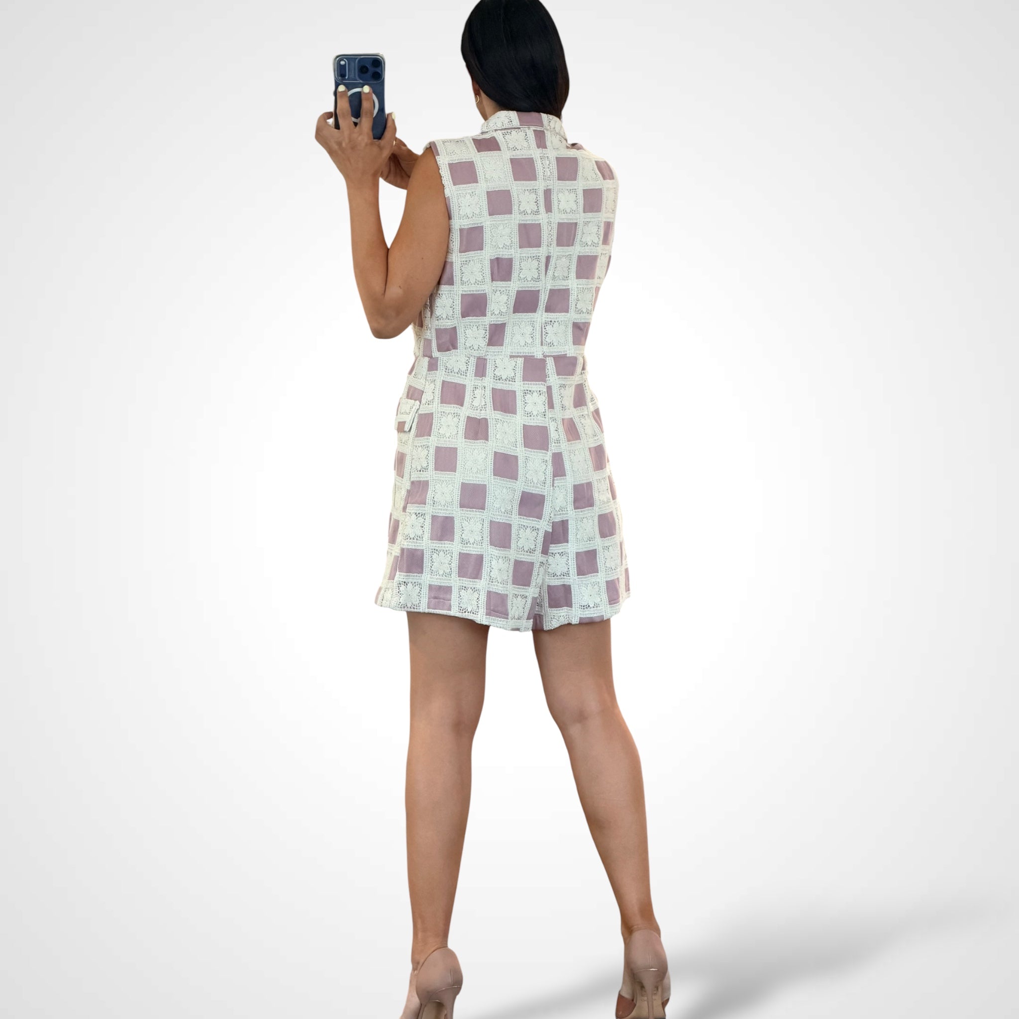 Sleeveless Button Closure Colorbloc Wrap Crochet Romper•-3