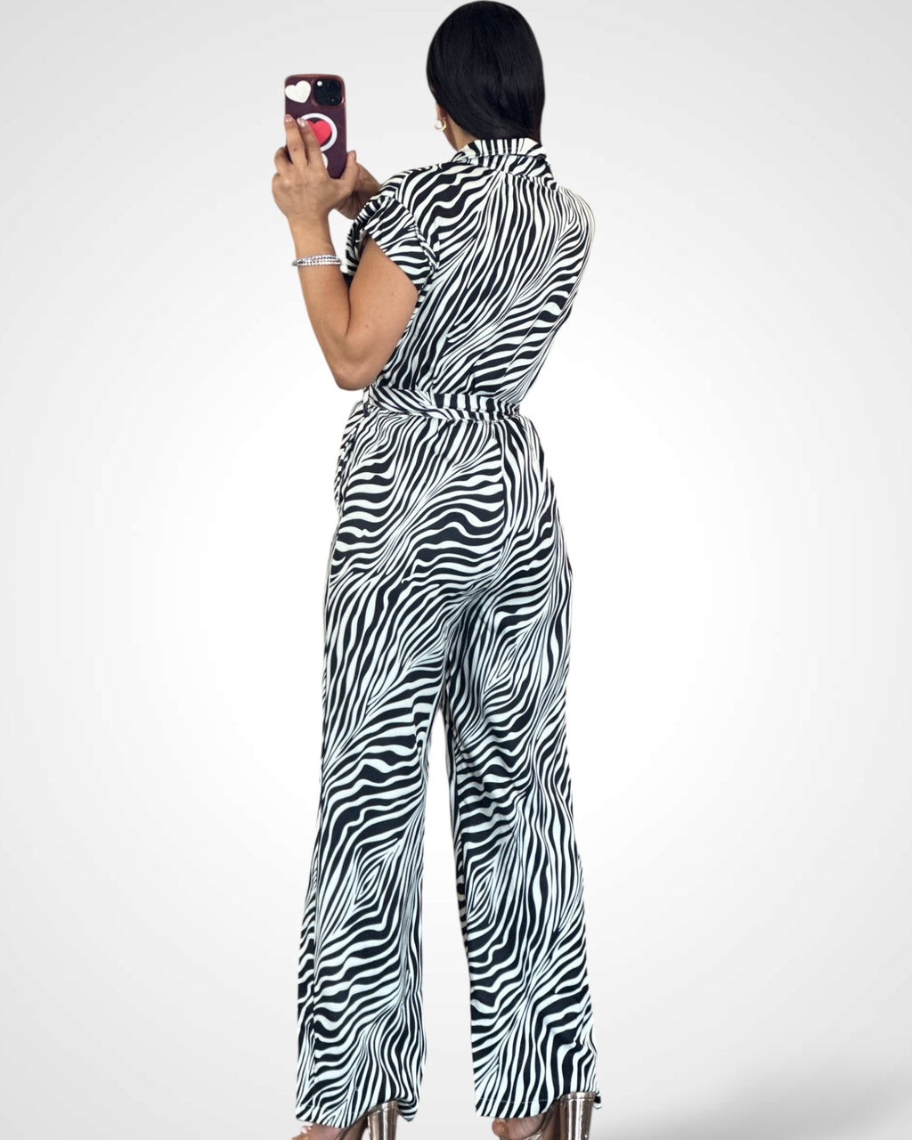 Front Pockets Zebra Print Wide Leg Jumpsuit