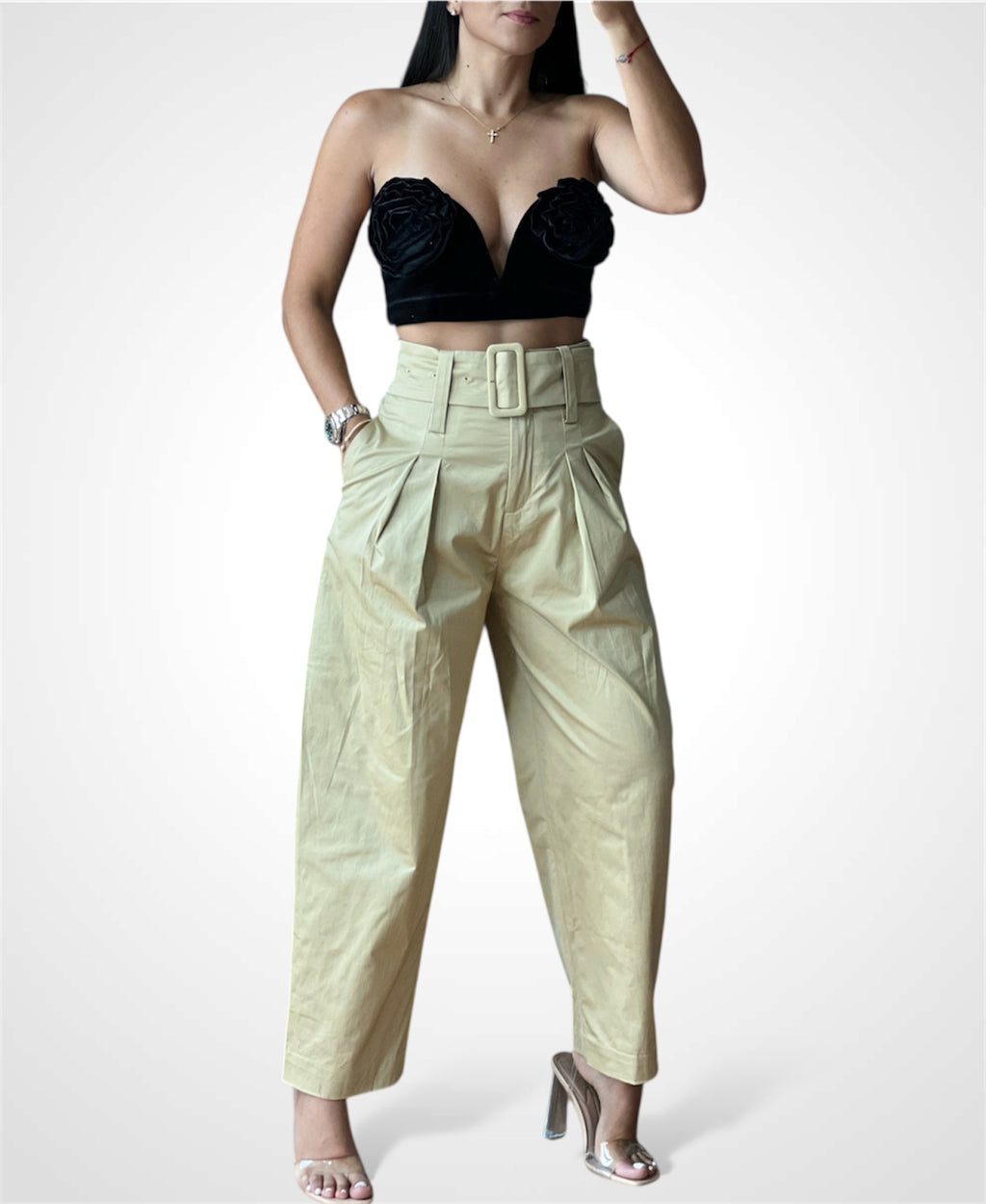 VELVET CROPPED TUBE TOP WITH ROSETTE TRIMS AT
BUST