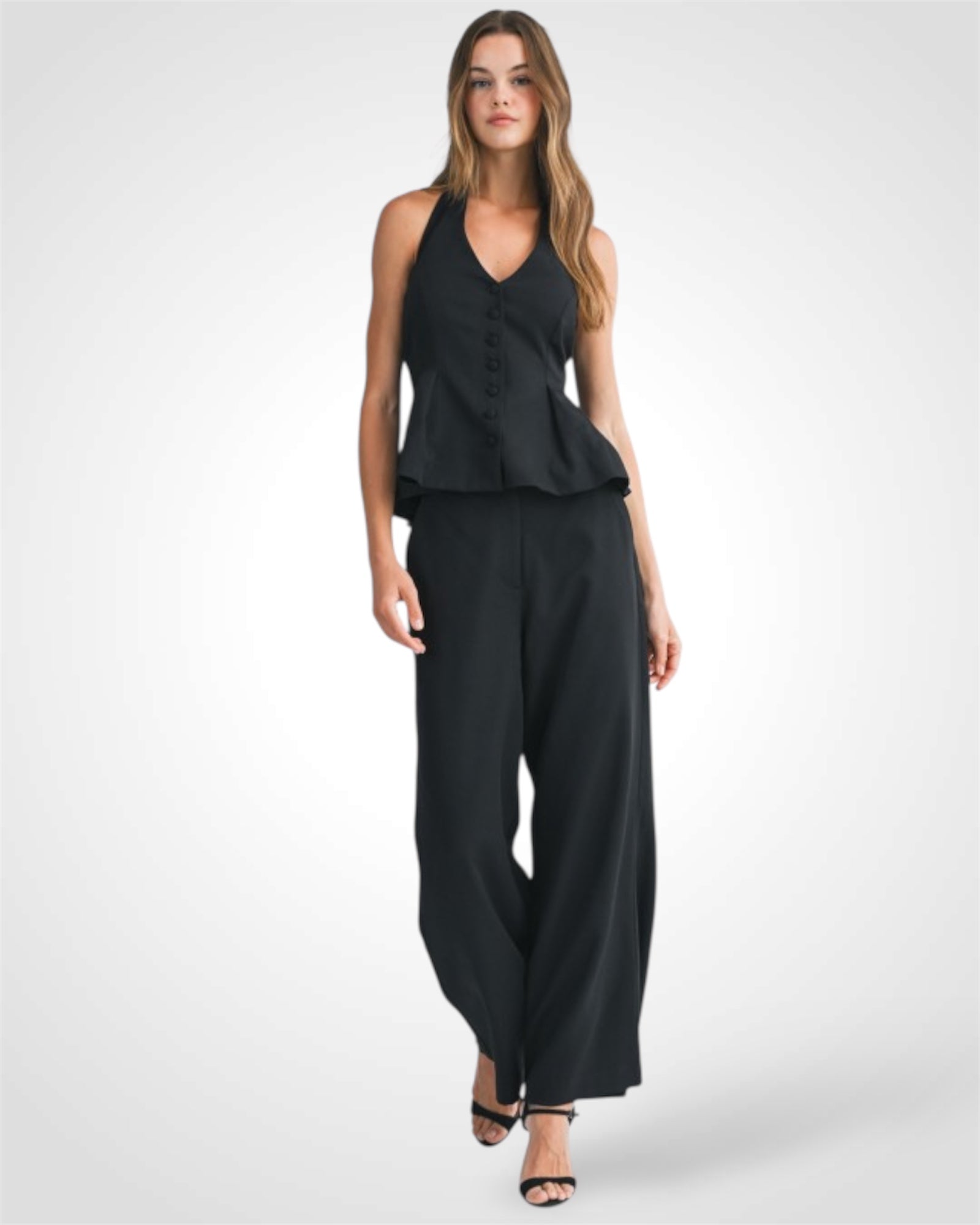 Black Neck Peplum Pants Set•-1