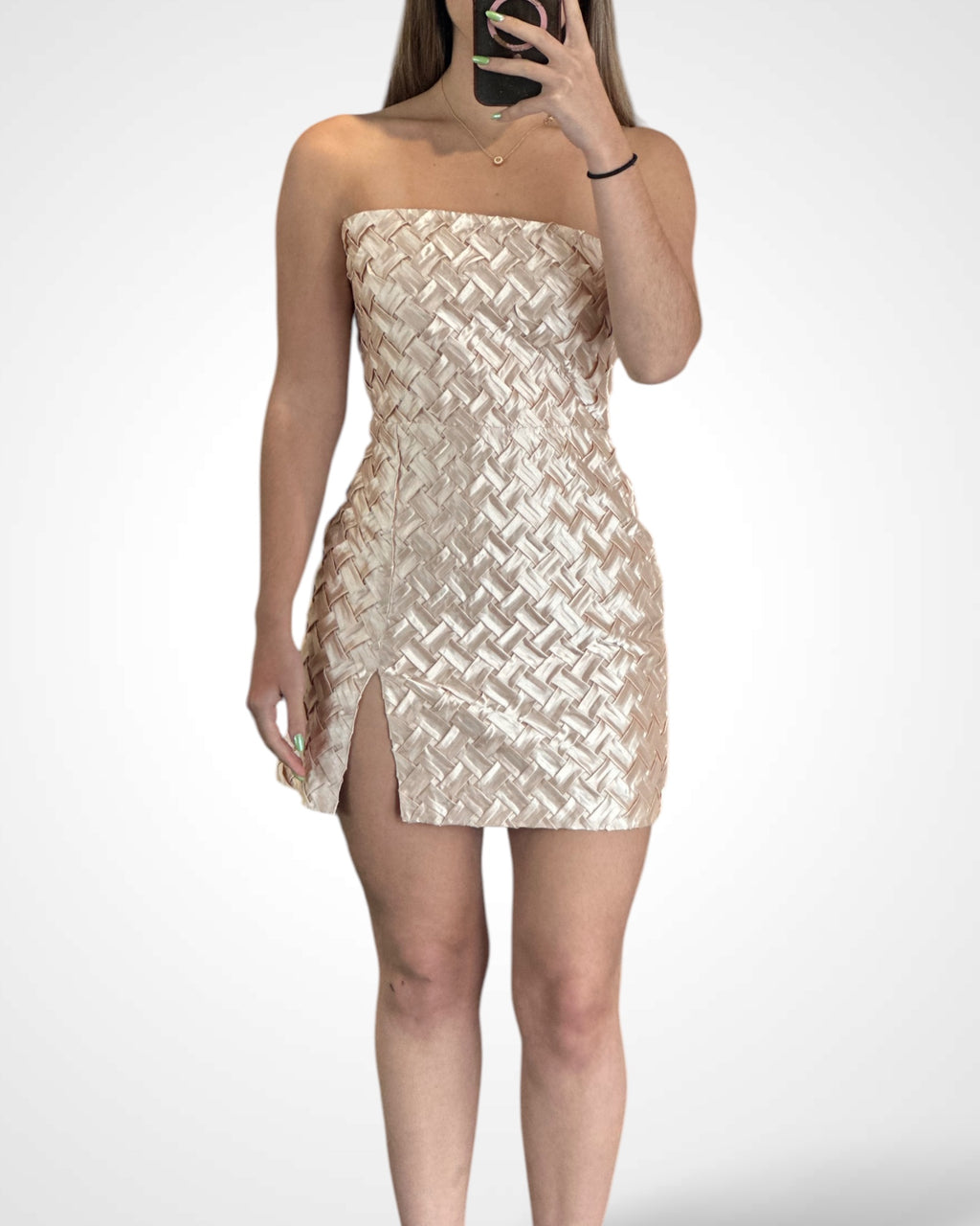 Square pattern tube mini dress (Cream)
