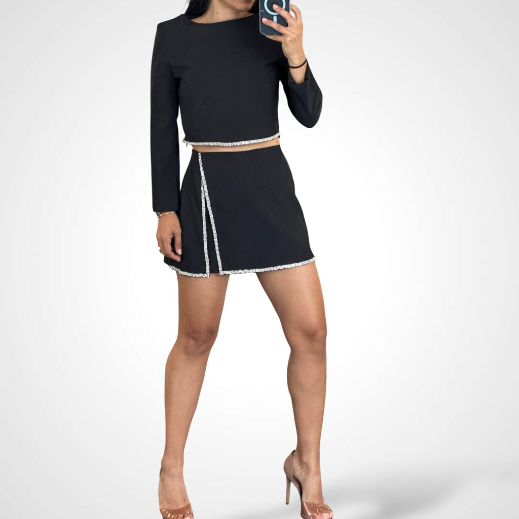 SJQ-RHINESTONE EMBELLISHED KNIT TOP AND SKORT SET