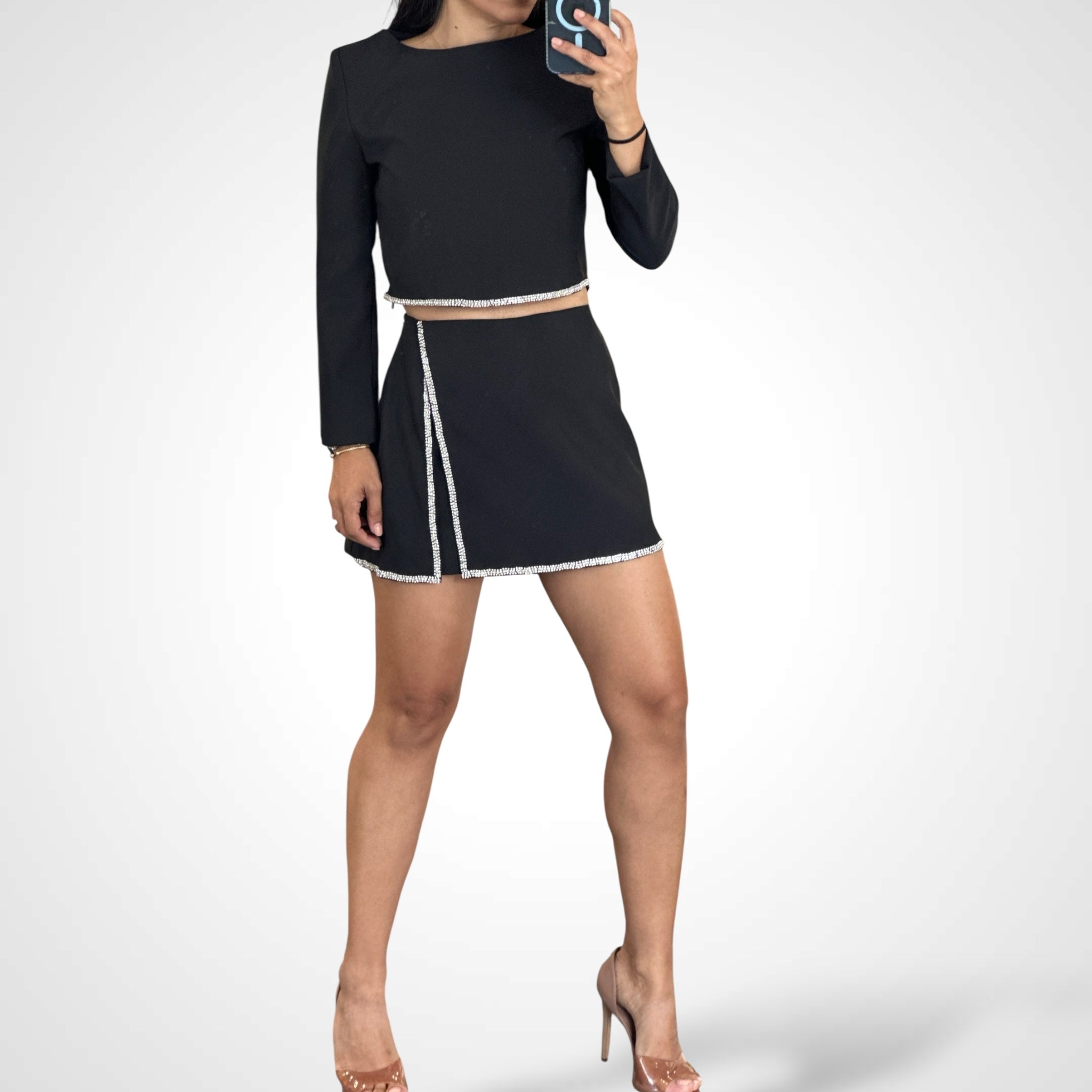 SJQ-RHINESTONE EMBELLISHED KNIT TOP AND SKORT SET